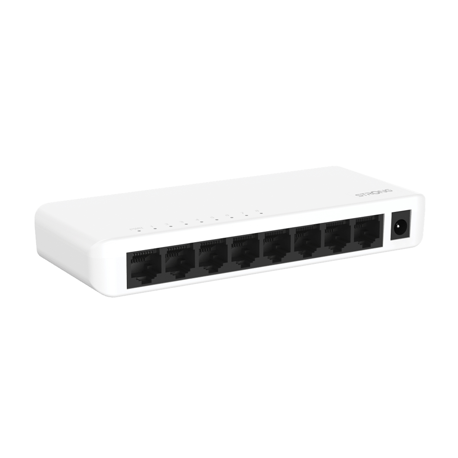 Een kleine witte netwerkswitch met 8 poorten en een stroomconnector.