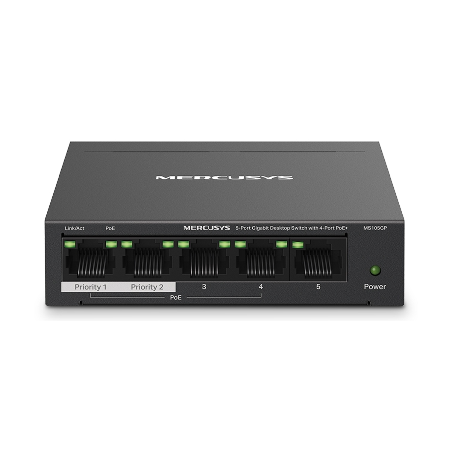 Een zwarte 5-poorts Gigabit desktop switch met PoE+ poorten en indicatielampjes.