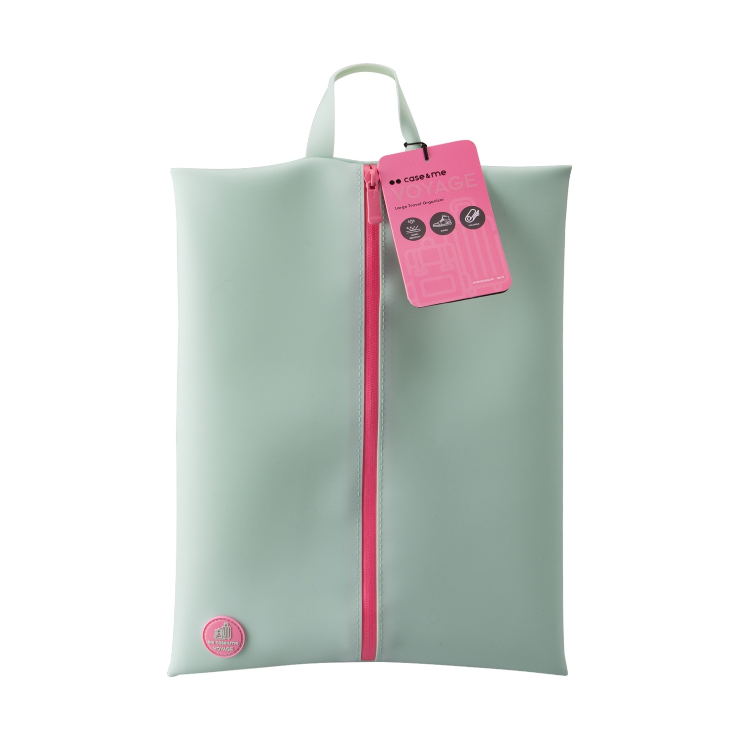 Un organizador de viaje verde claro con cremallera y etiqueta rosa.