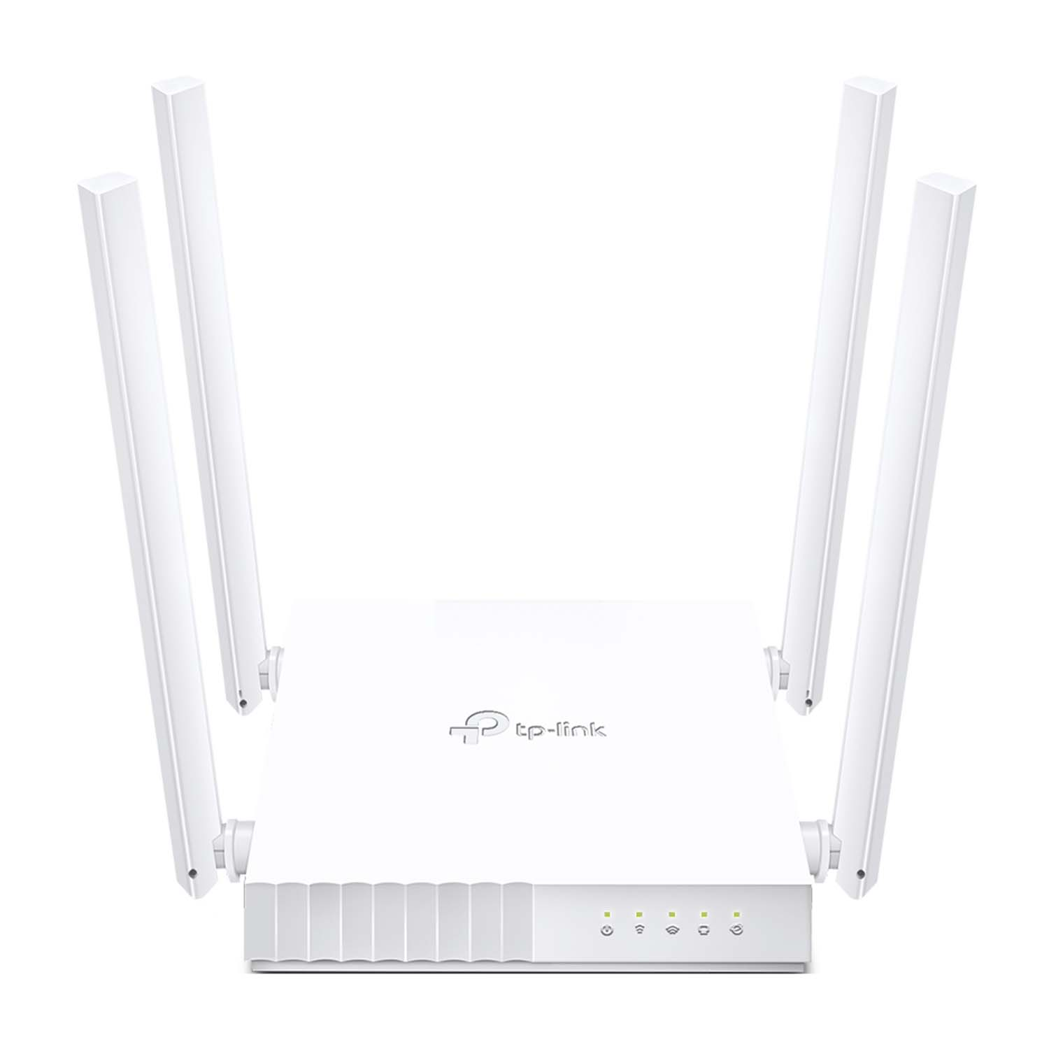 Biały router TP-Link z czterema antenami i diodami statusu.