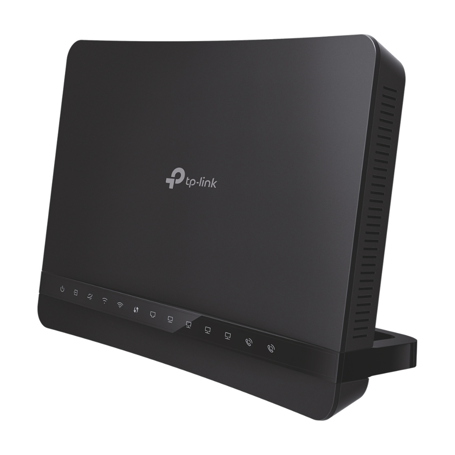 Czarny router TP-Link z paskiem wskaźników i otworami wentylacyjnymi.