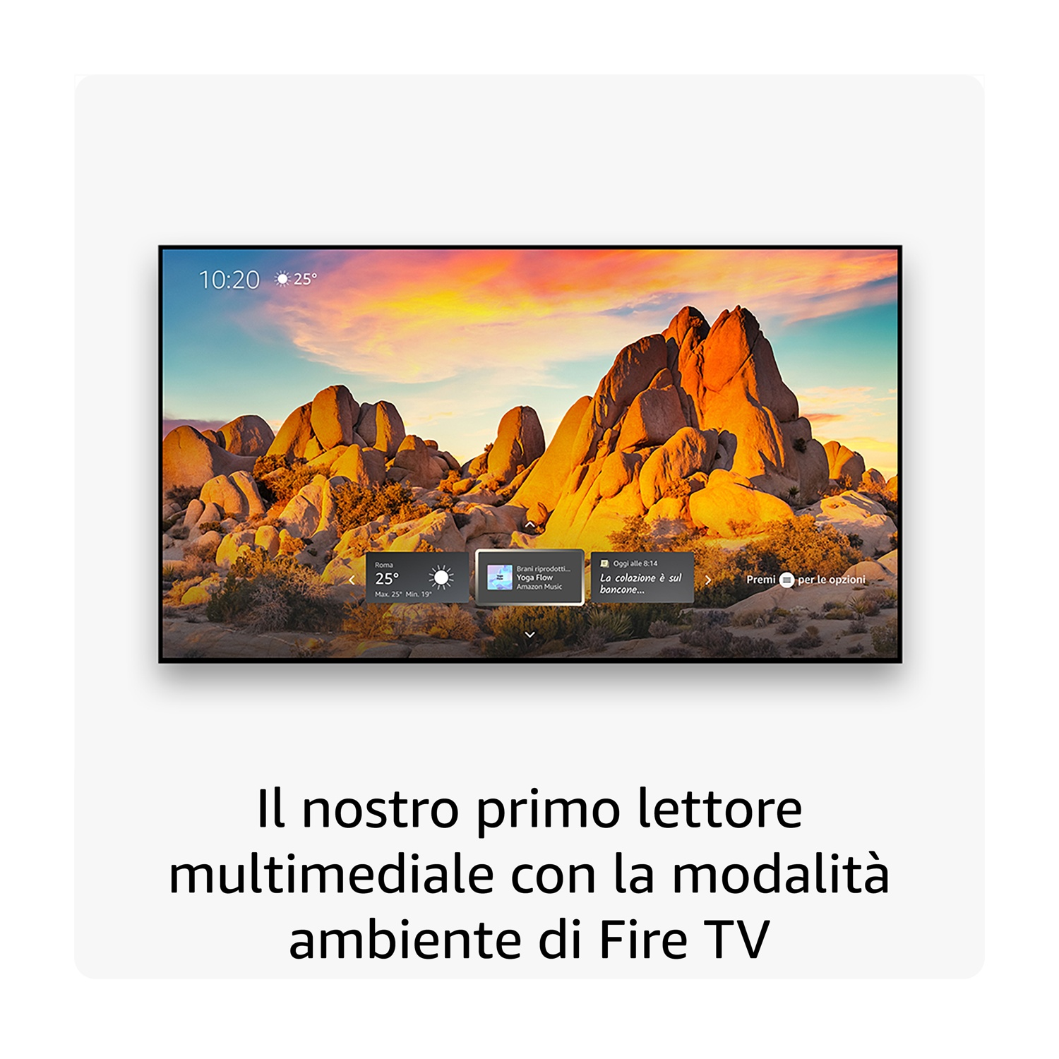 Uno schermo mostra un paesaggio desertico con rocce e un tramonto.