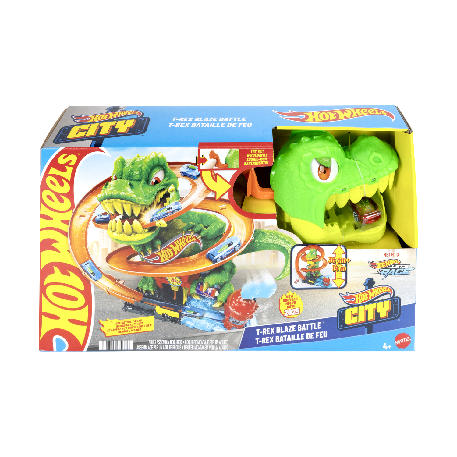Hot Wheels City T-Rex Spielzeug mit Autos und Rennstrecke in der Verpackung.