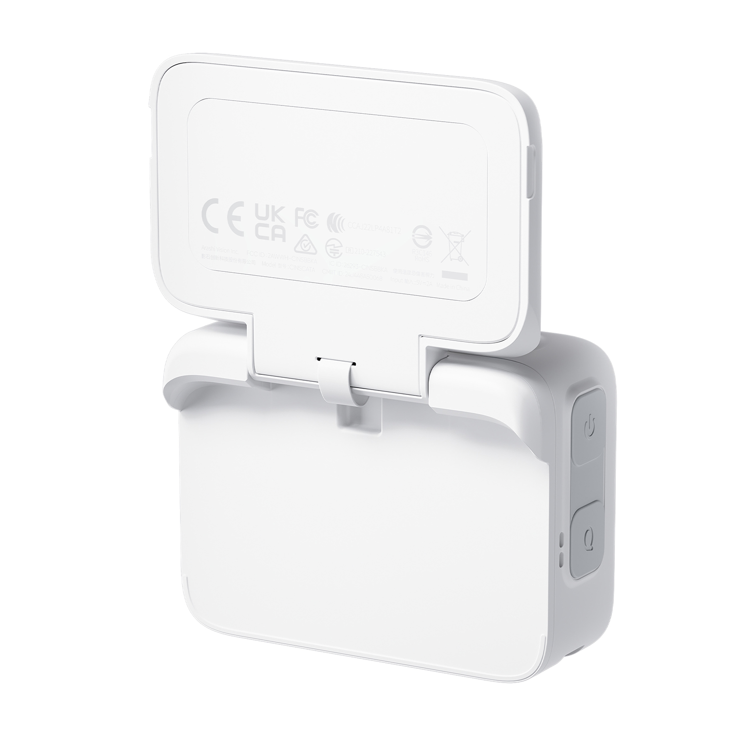 Białe urządzenie elektroniczne ze znakami certyfikacji CE, UK, FC i innymi.