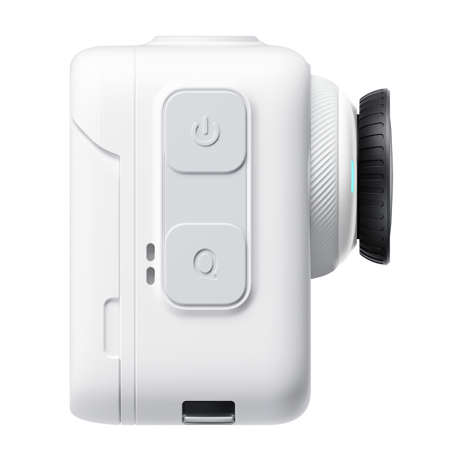 Biała kamera sportowa z przyciskami zasilania i Q, portem USB i czarnym pierścieniem obiektywu.