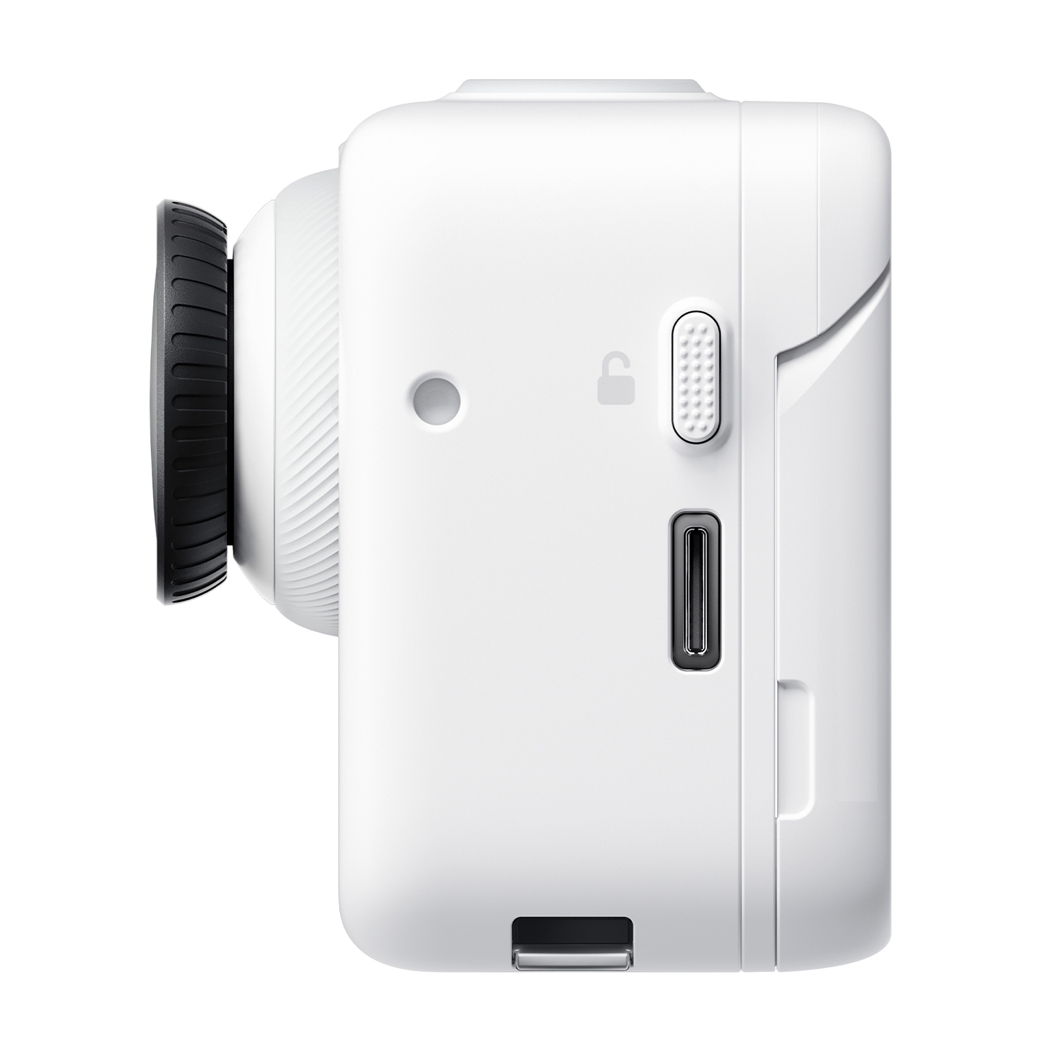 Biały aparat kompaktowy z czarnym pierścieniem obiektywu i portami.