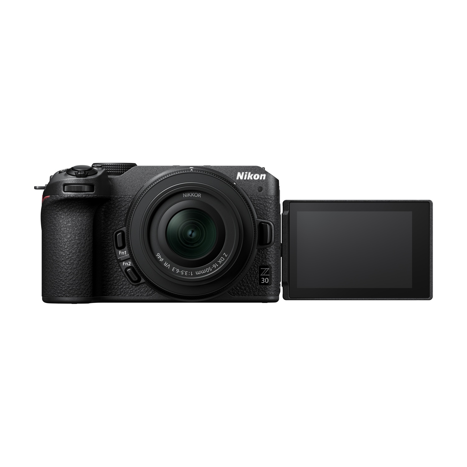 Una fotocamera Nikon Z 30 nera con obiettivo 16-50mm e schermo esteso.