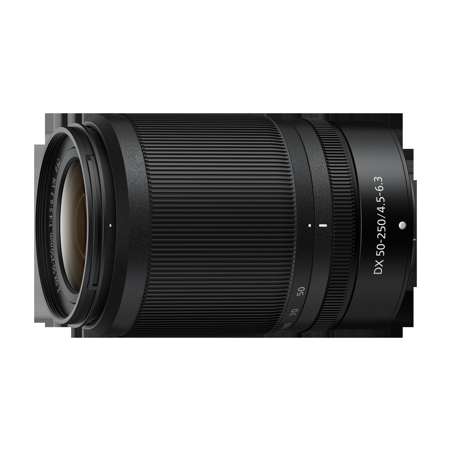 Obiettivo fotocamera nero con ghiera zoom e marcature DX 50-250mm.
