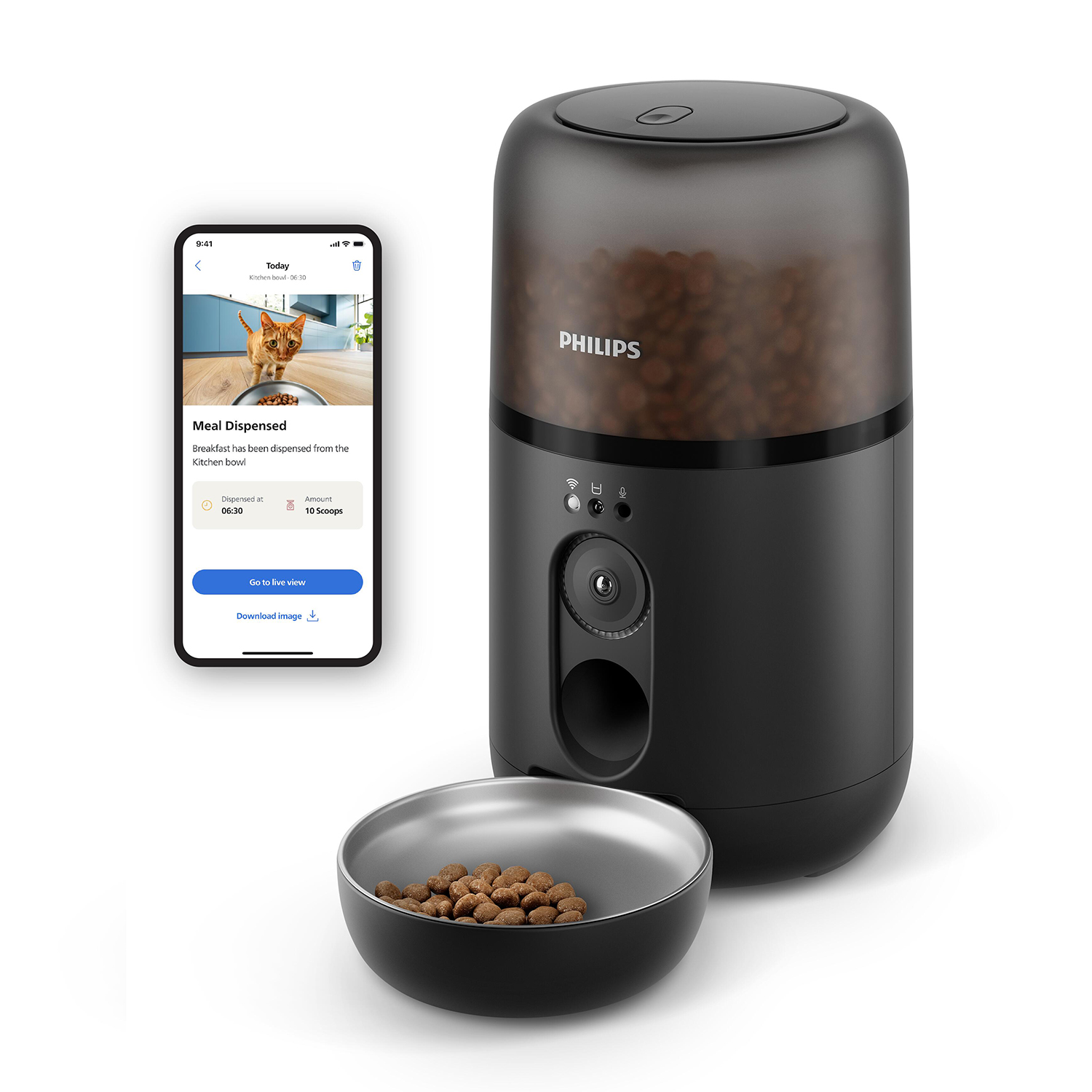 Ein schwarzer Futterautomat von Philips mit einer Futterschale und einem Smartphone, das eine Katze zeigt.