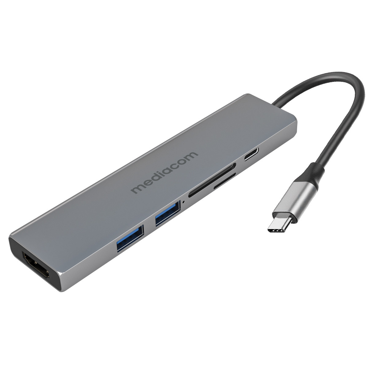 Grauer USB-C-Hub mit HDMI, 2x USB-A, SD-Kartenleser und USB-C-Anschluss.