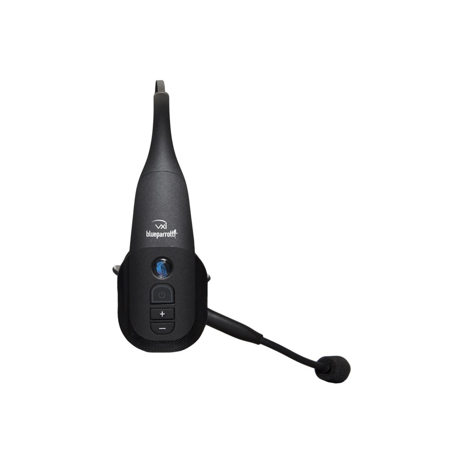 Un auricolare nero con microfono. Presenta un pulsante di accensione e controlli del volume.