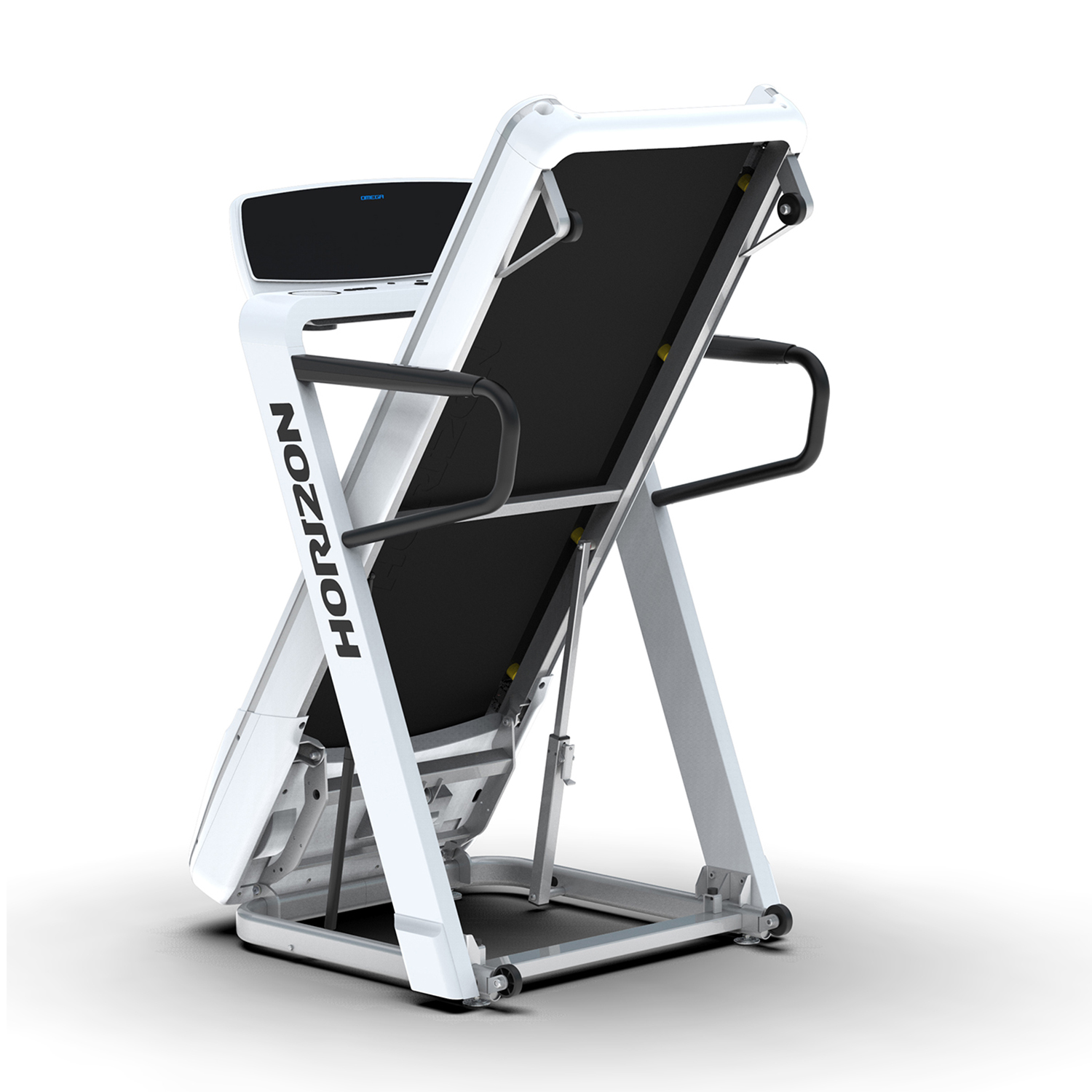 Biała bieżnia z czarnym pasem i srebrną ramą, widziana od tyłu.