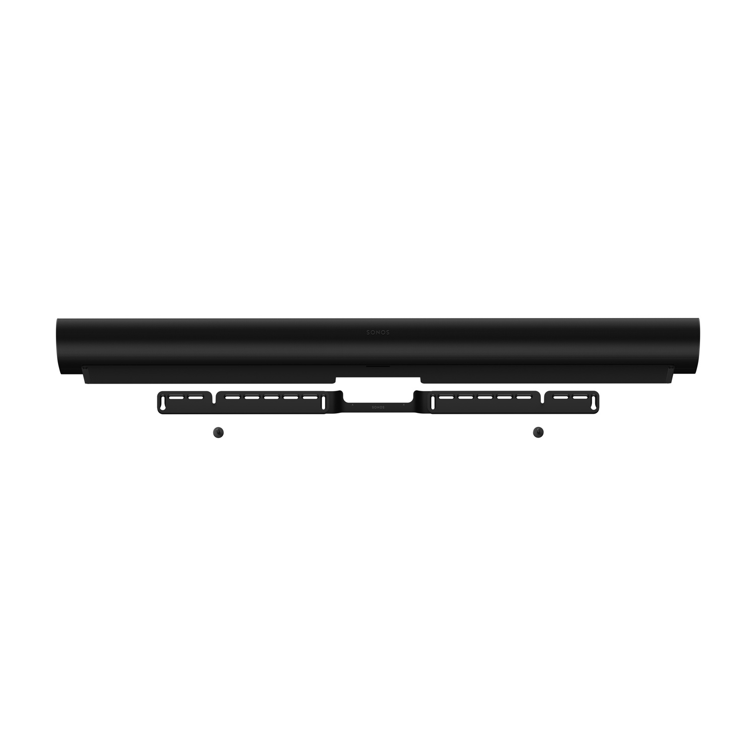 Eine schwarze Sonos-Soundbar und Wandhalterung auf weißem Grund.