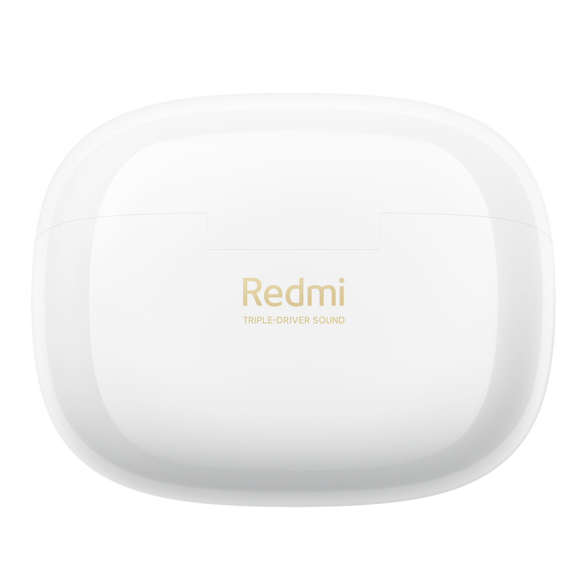 Białe etui ładujące do słuchawek ze złotym napisem "Redmi".