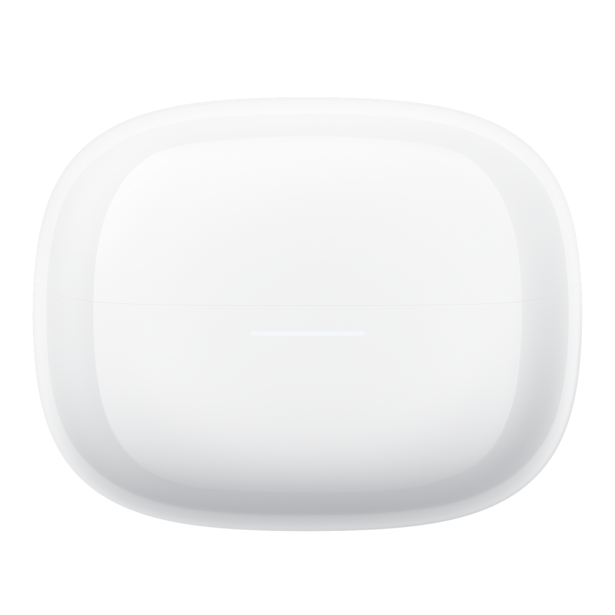 Białe etui ładujące do słuchawek, zaokrąglone rogi, minimalistyczny design.