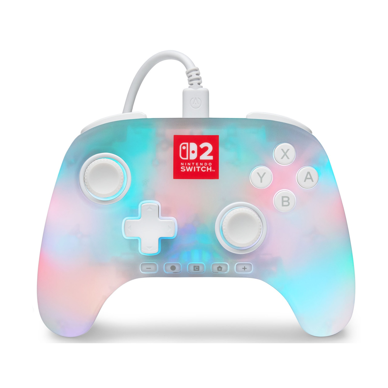 Un mando de Nintendo Switch con un patrón de nubes pastel.