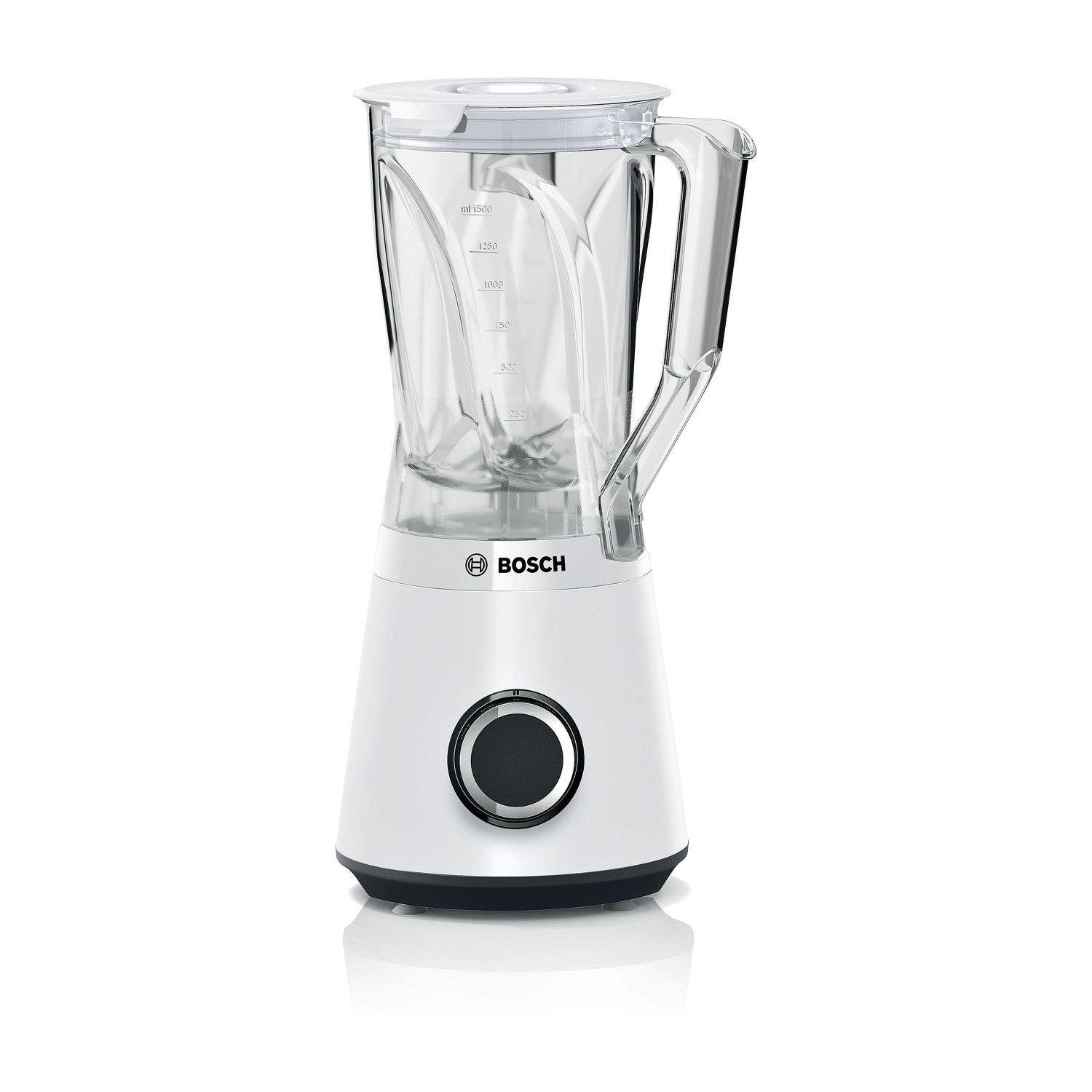 Ein weißer Bosch Standmixer mit transparentem Krug und schwarzem Bedienelement.