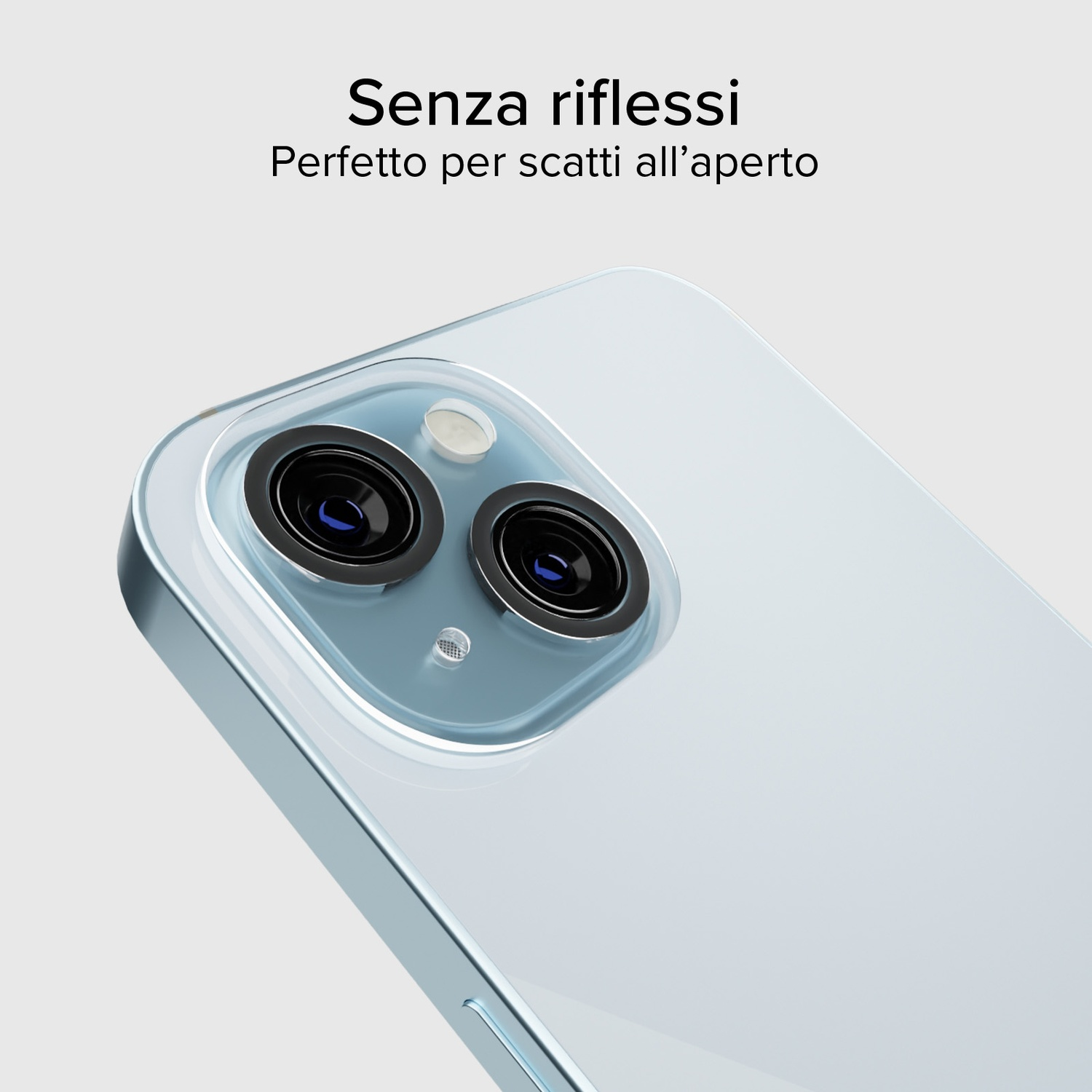 Primer plano de la cámara de un smartphone con dos lentes y marco azul.