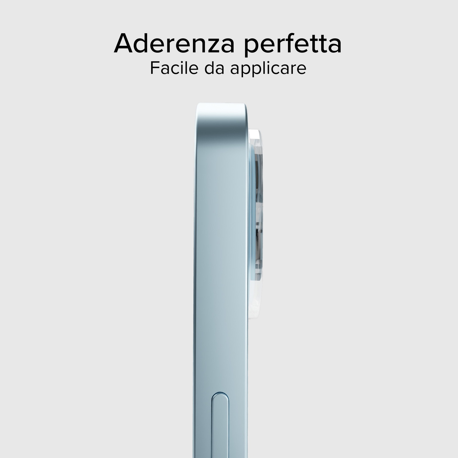 Primer plano del borde de un teléfono azul claro con detalles plateados.