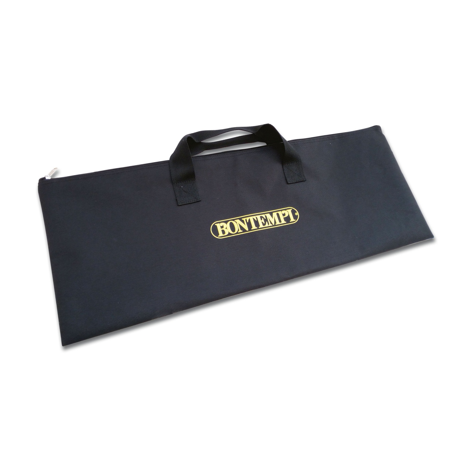 Borsa nera con logo giallo e manici, su sfondo bianco.