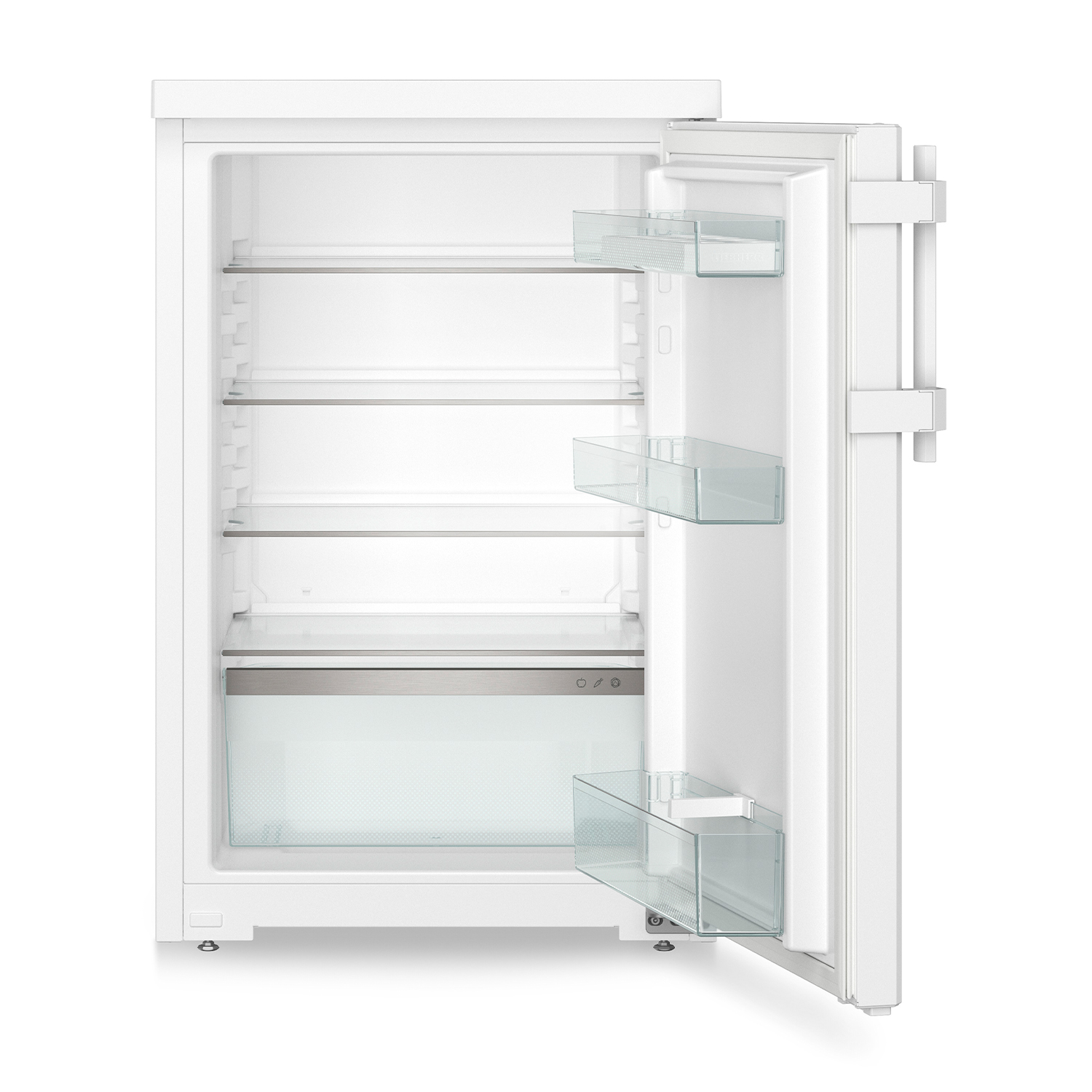 Un refrigerador blanco y vacío con la puerta abierta, mostrando estantes de vidrio.