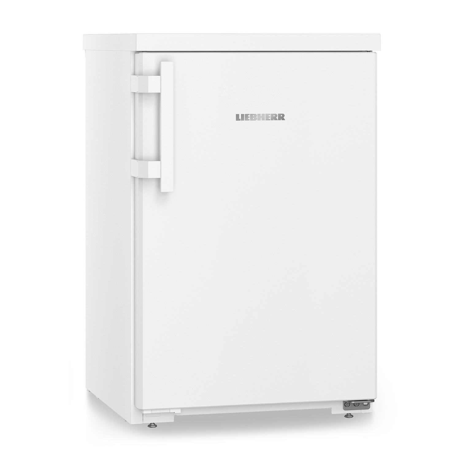 Un frigorífico blanco Liebherr con un asa plateada sobre fondo blanco.