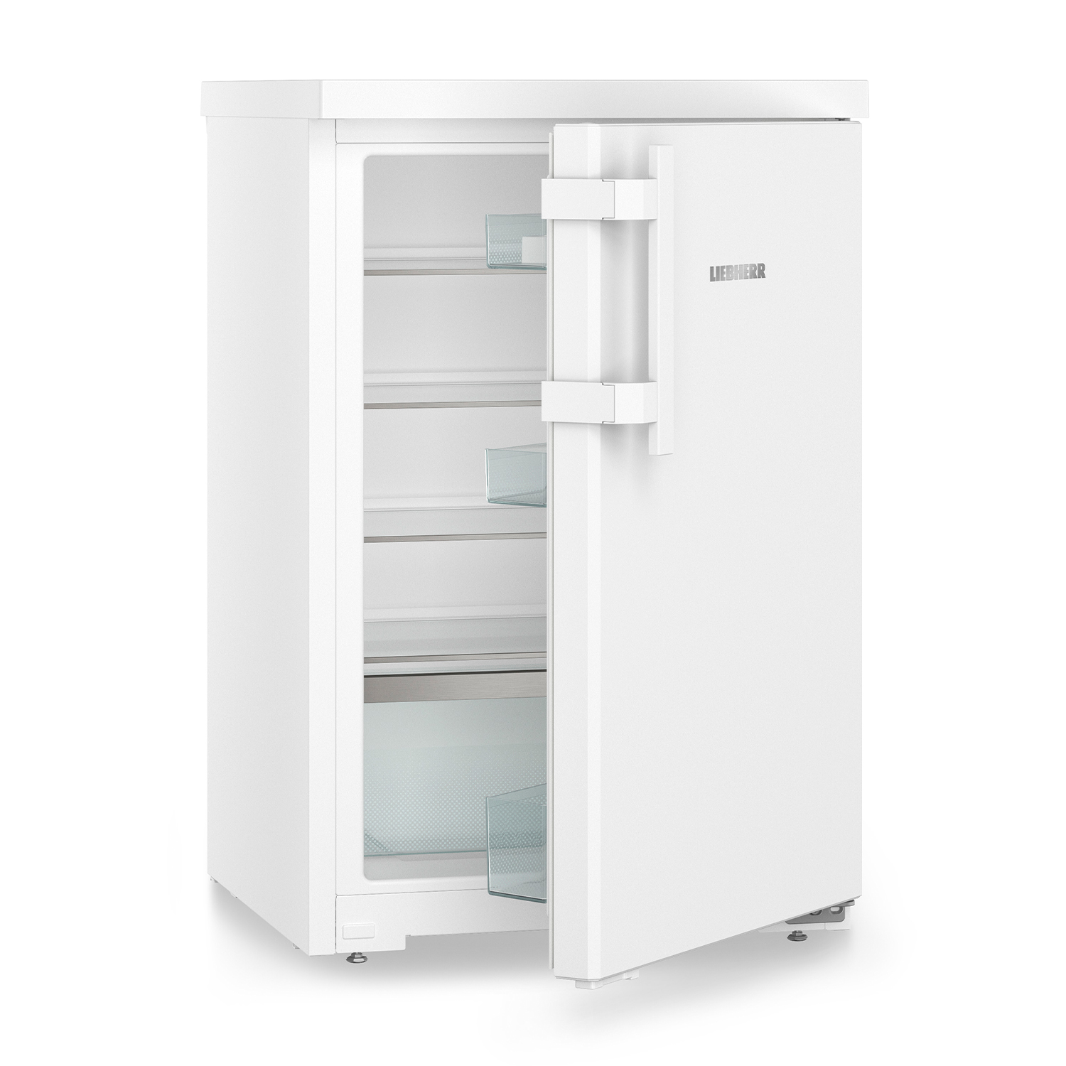 Un refrigerador blanco con la puerta abierta, mostrando estantes de cristal.