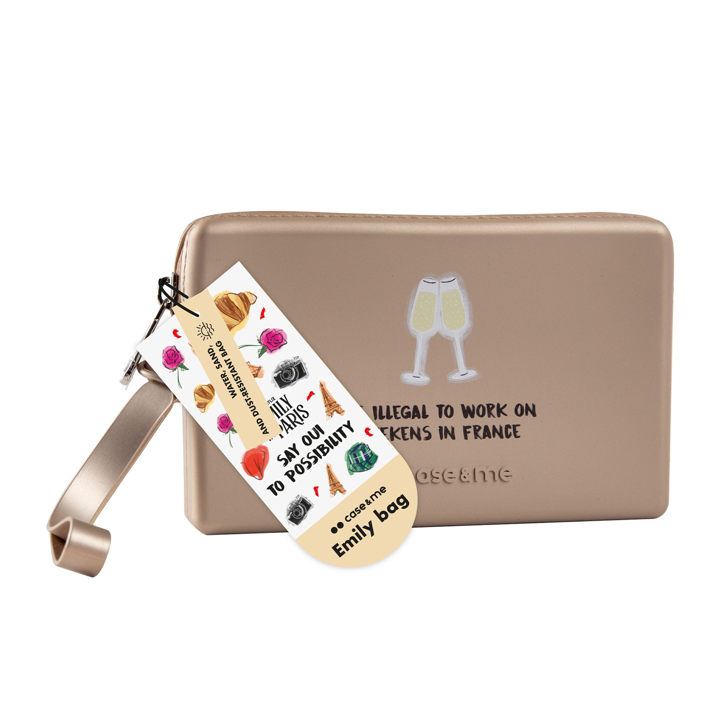 Un bolso dorado con iconos de París y copas de champán. Etiqueta: Emily bag.