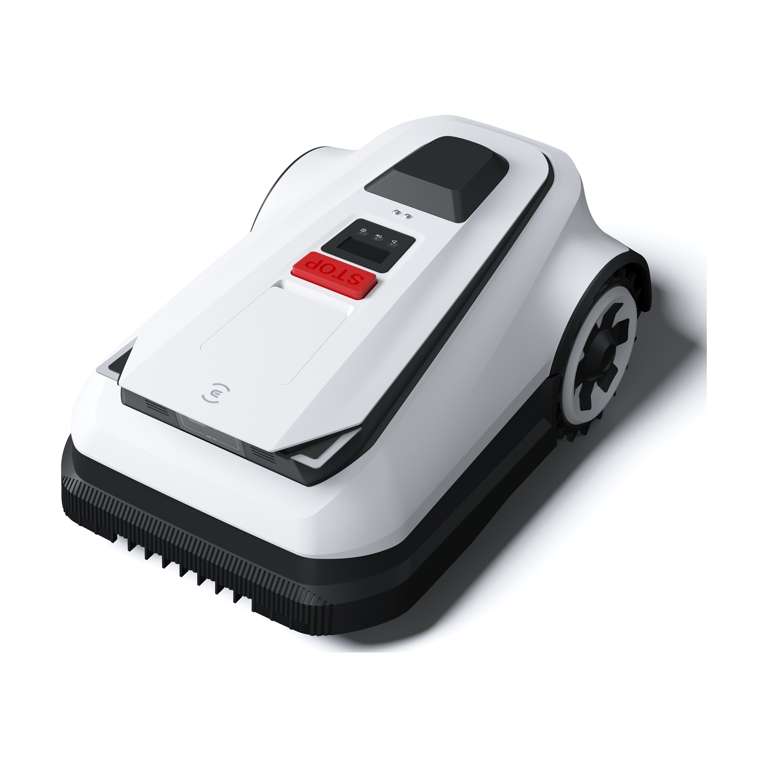 Ein weißer Mähroboter mit schwarzem Stopper-Knopf und Rädern.