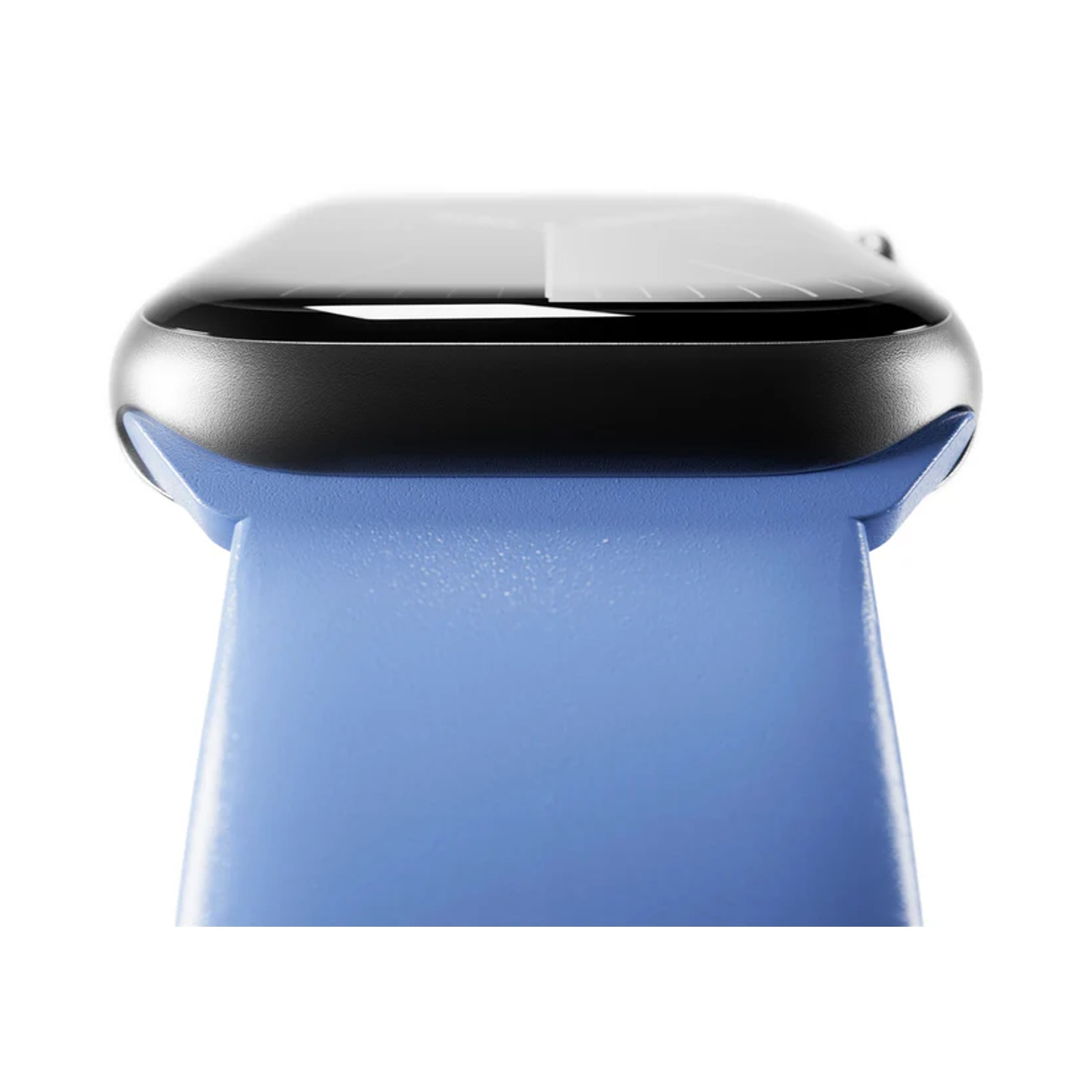 Primer plano de un reloj inteligente azul con carcasa plateada.