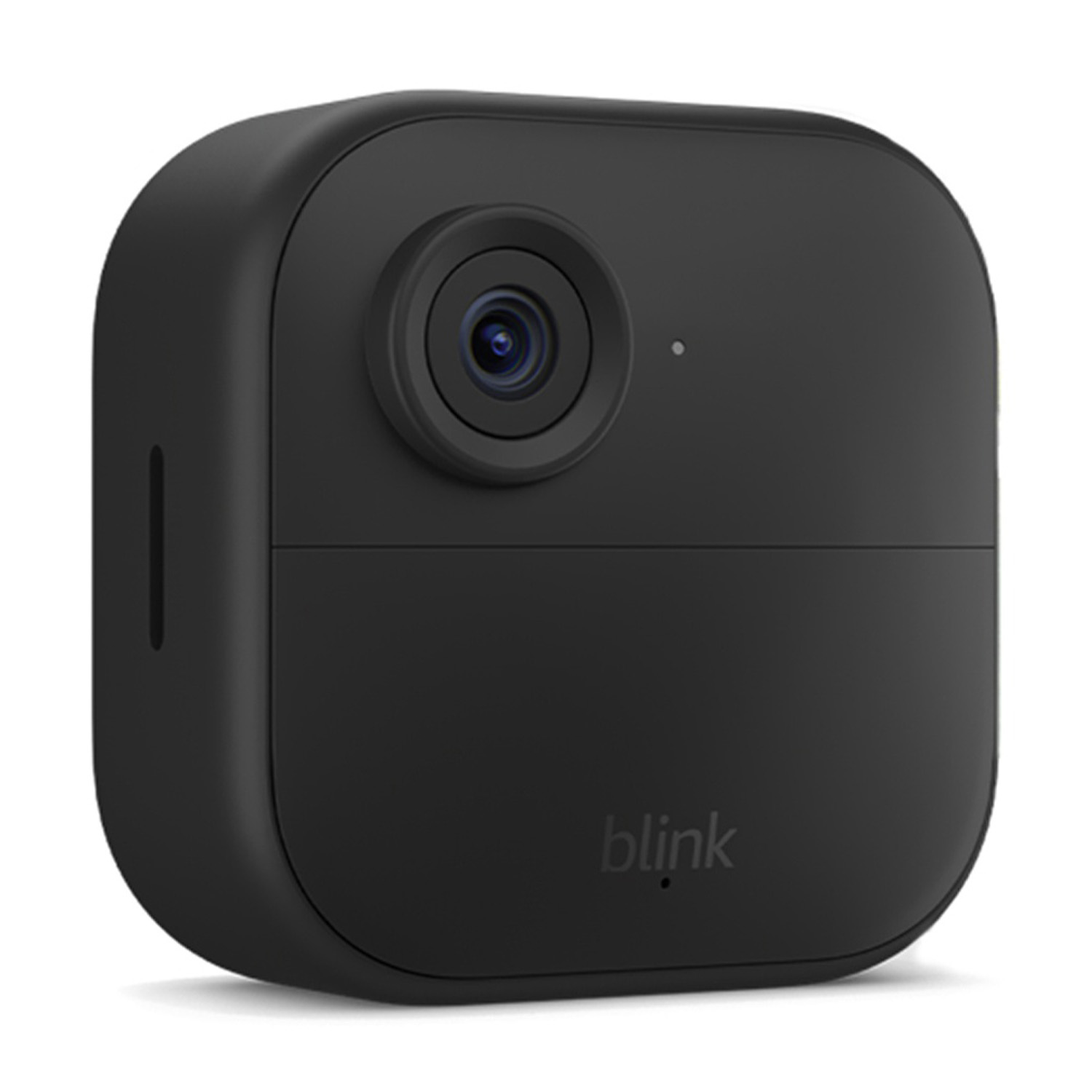 Eine schwarze Blink-Überwachungskamera mit Linse und kleinem Lichtpunkt.