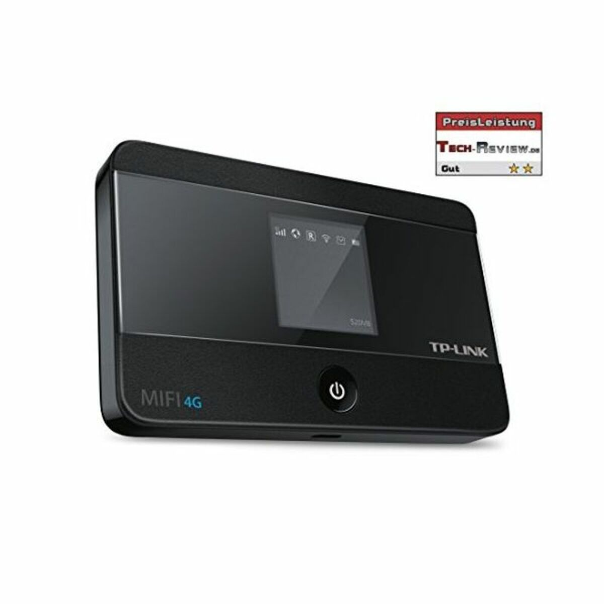 Schwarzer TP-Link MIFI 4G Router mit Power-Taste und Display.