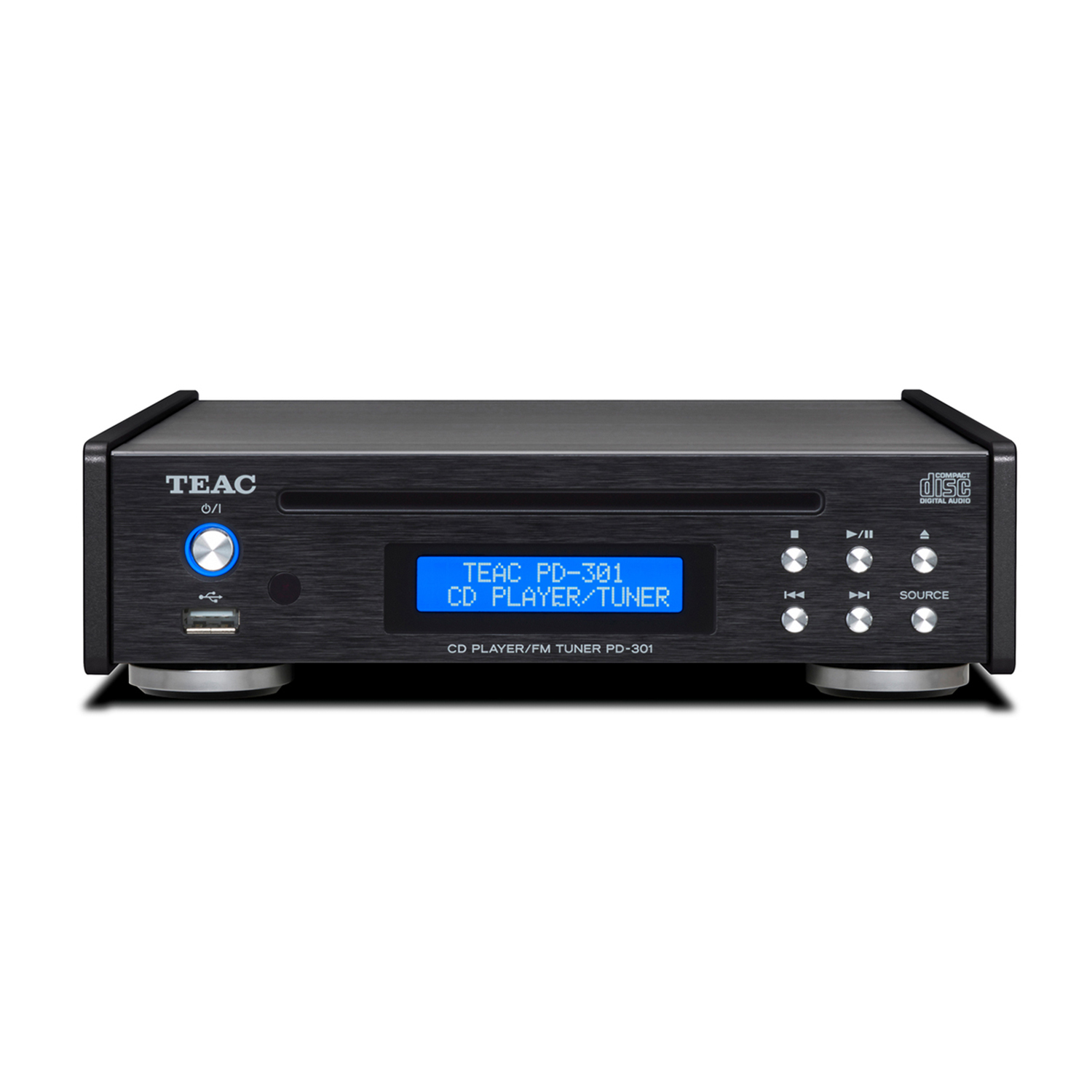 Mavi ekranlı ve gümüş kontrol düğmeli siyah TEAC CD çalar/tuner.
