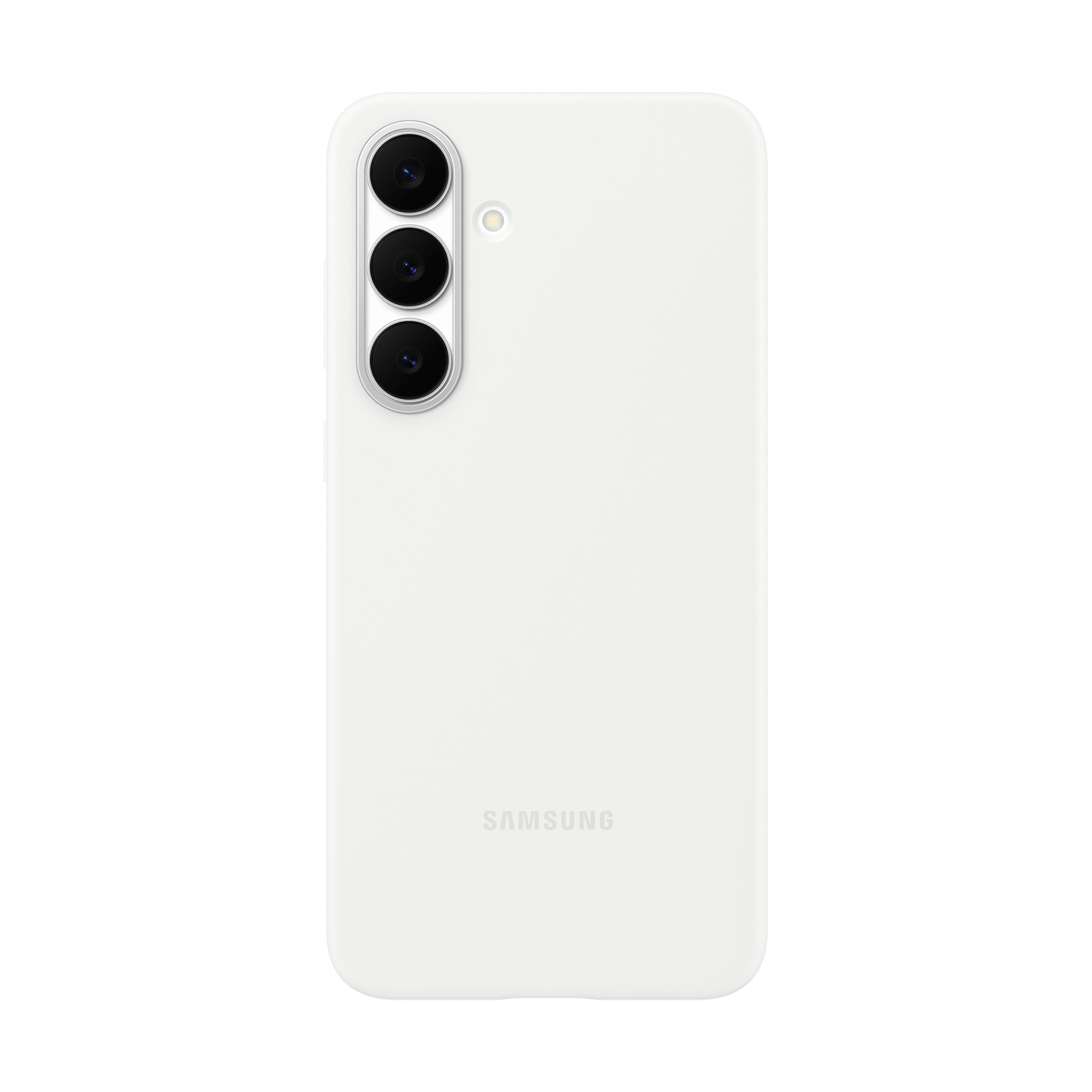 Custodia bianca per telefono con tre obiettivi e logo Samsung.
