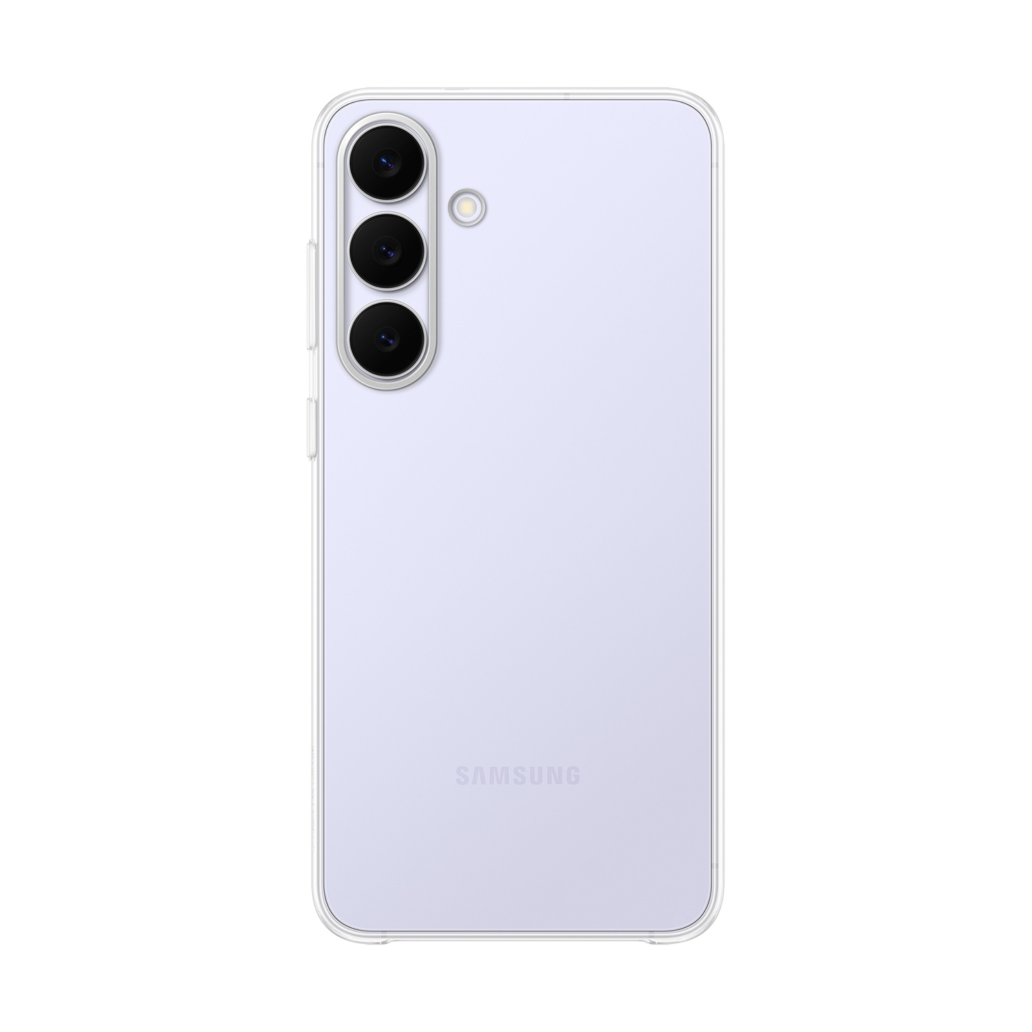 Un telefono Samsung viola con tre fotocamere posteriori in una custodia trasparente.