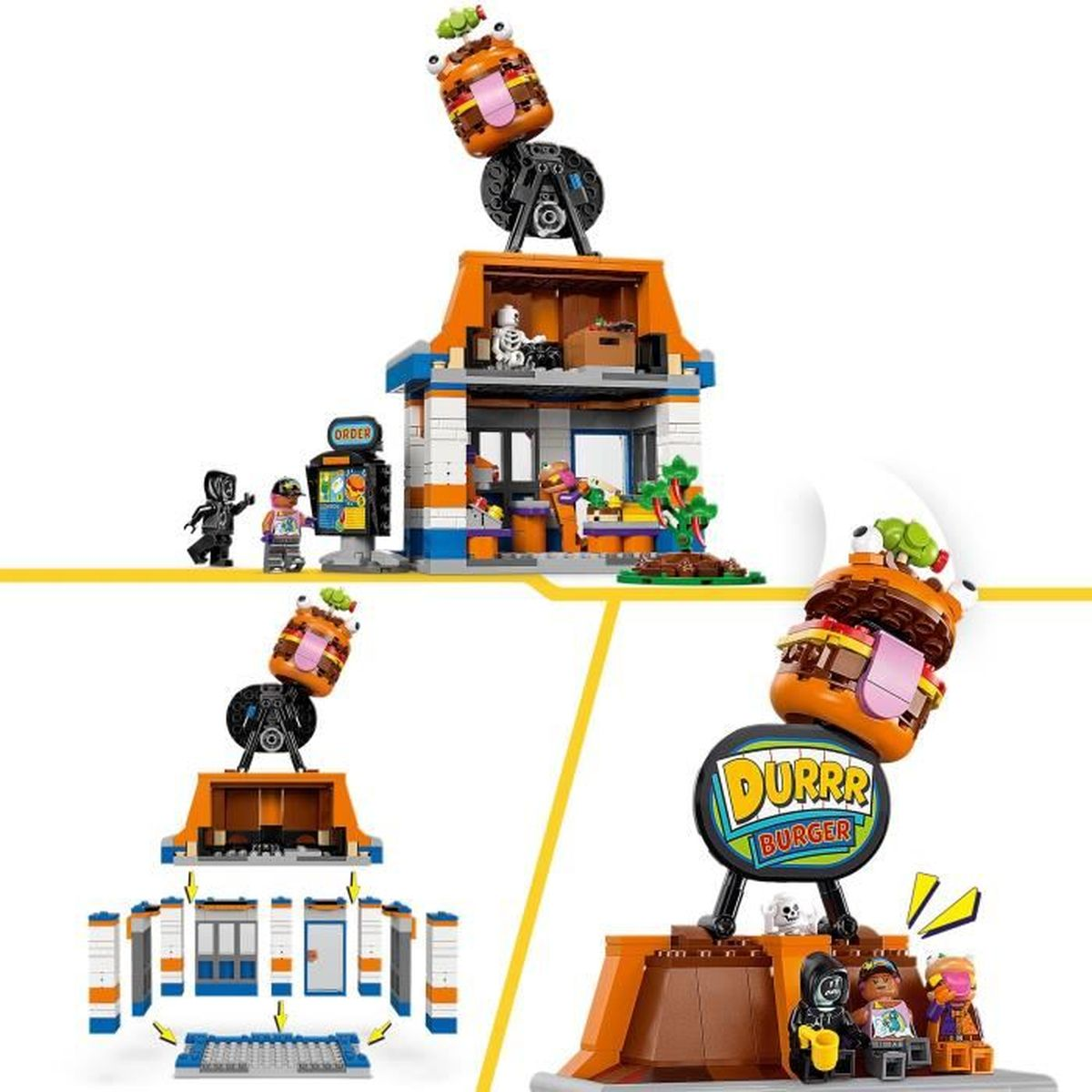 Figürler, tabela ve burger atraksiyonu olan bir Lego burger dükkanı.