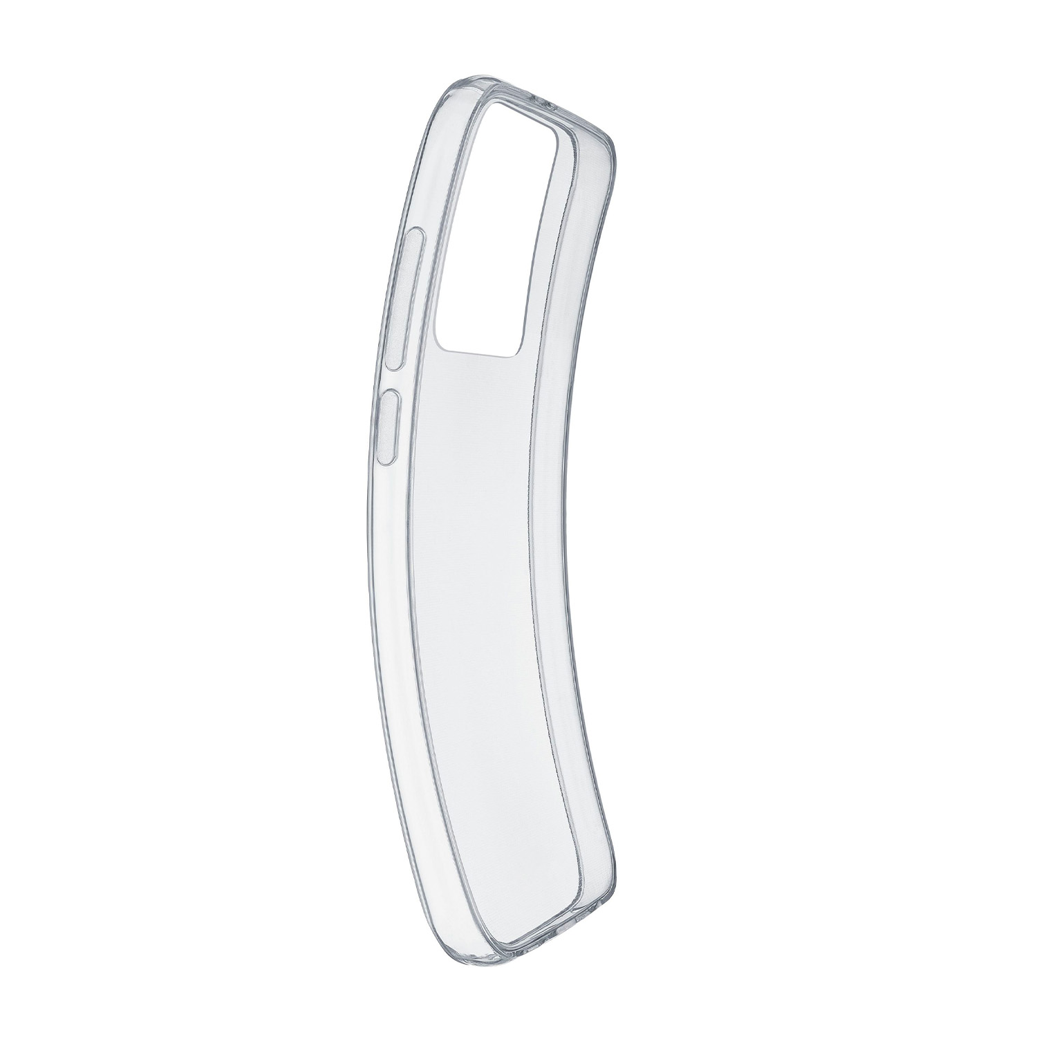 Funda transparente para teléfono con recortes para cámara y botones.