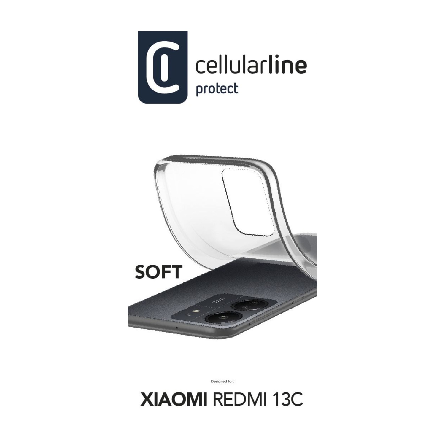 Logo de Cellularline sobre una funda transparente para Xiaomi Redmi 13C gris oscuro.