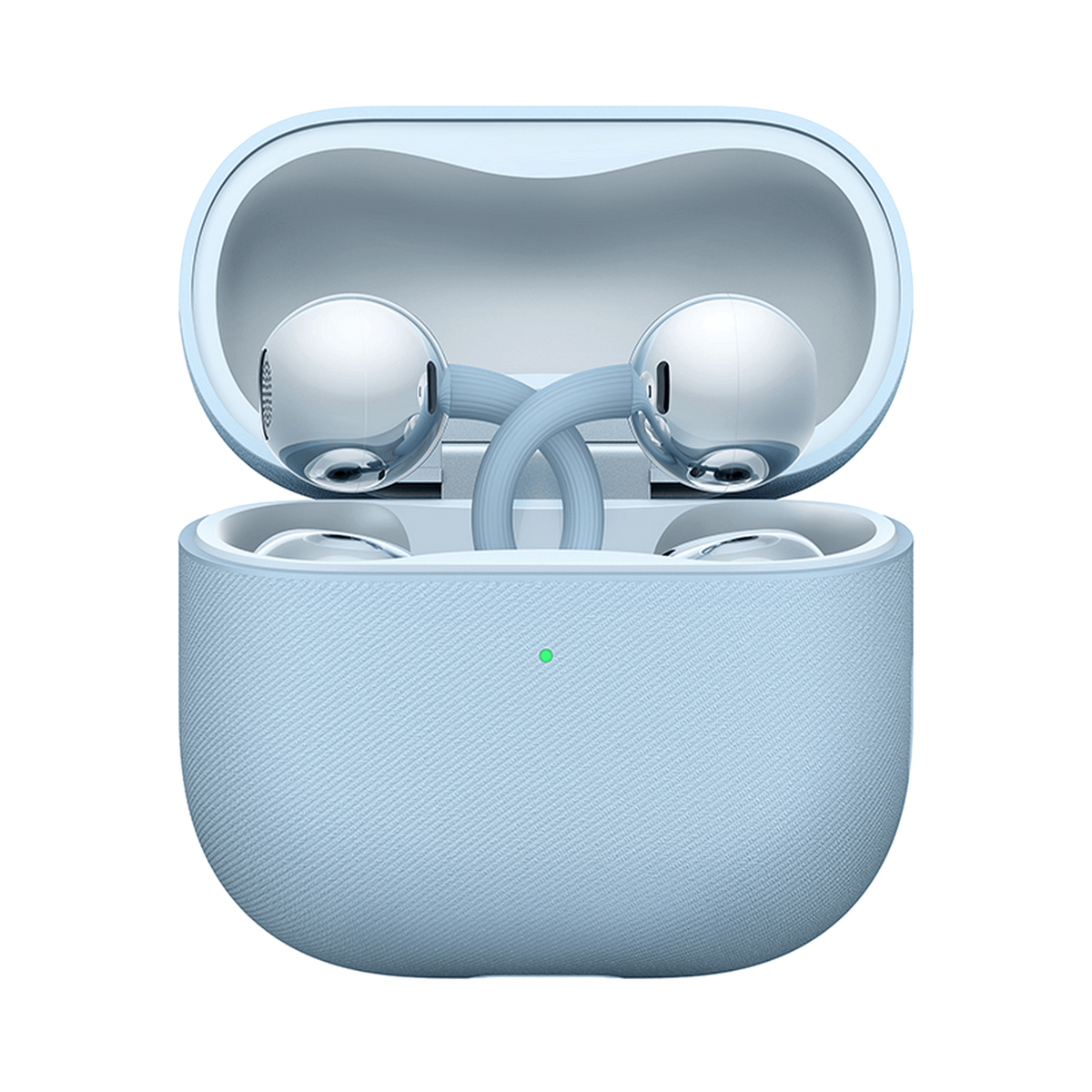 Jasnoniebieskie słuchawki bezprzewodowe w otwartym etui ładującym z zieloną diodą.