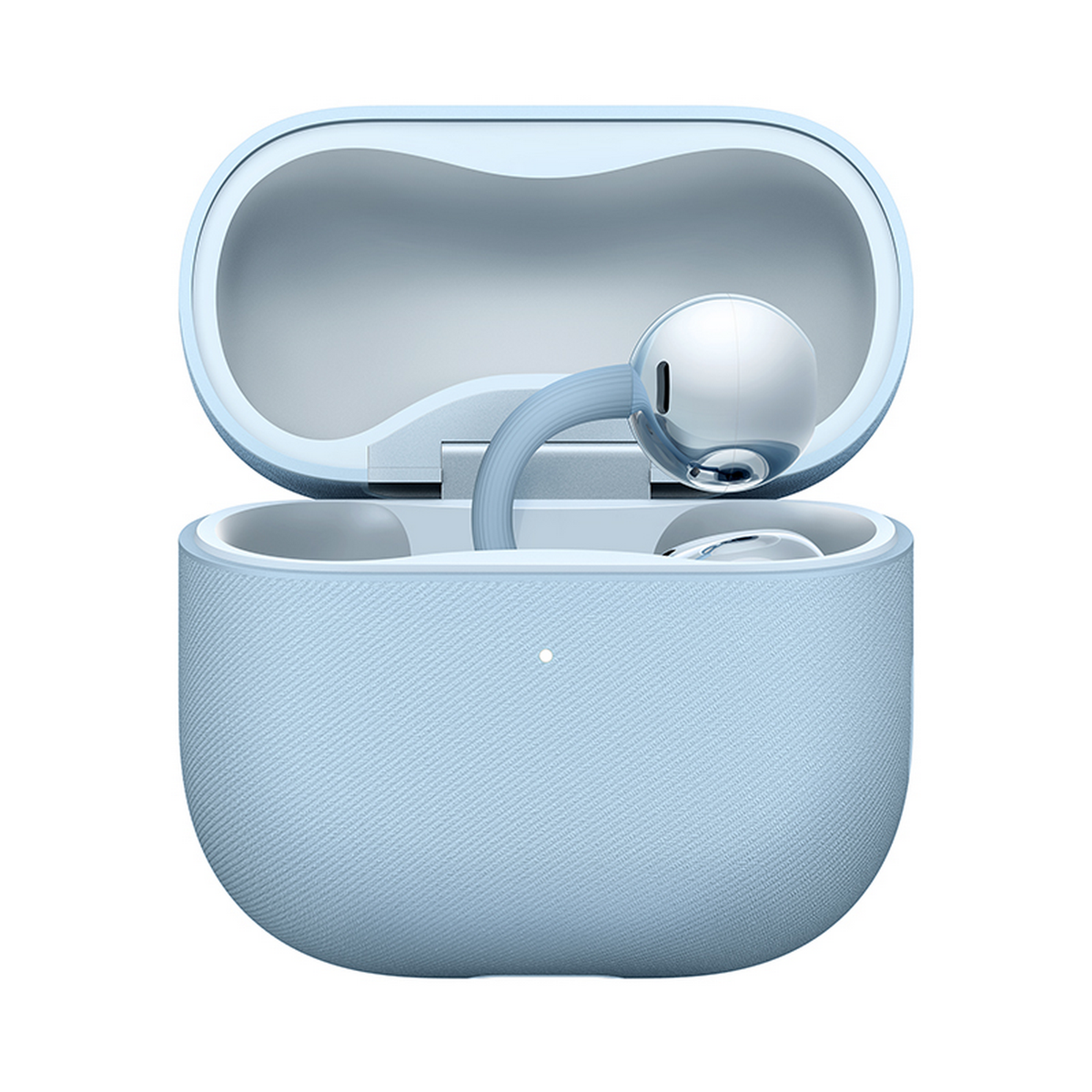 Jasnoniebieskie słuchawki, otwarta ładowarka, białe słuchawki i niebieski kabel.