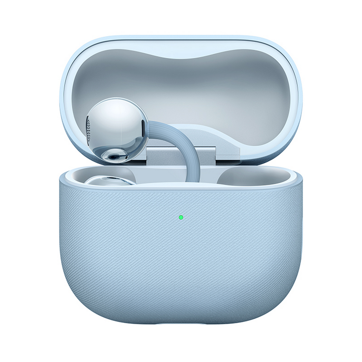Jasnoniebieskie etui na słuchawki z otwartą pokrywą, pokazujące jedną słuchawkę w środku.