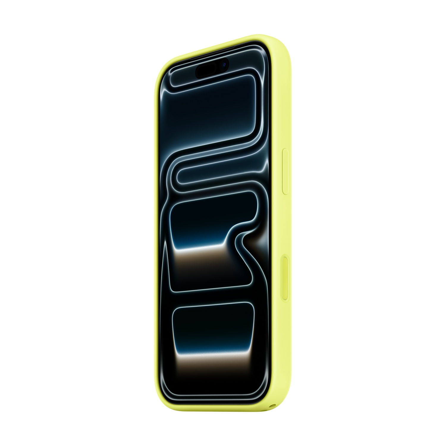 Ein gelbes iPhone mit einem dunklen Bildschirm, der leuchtende Linien zeigt.