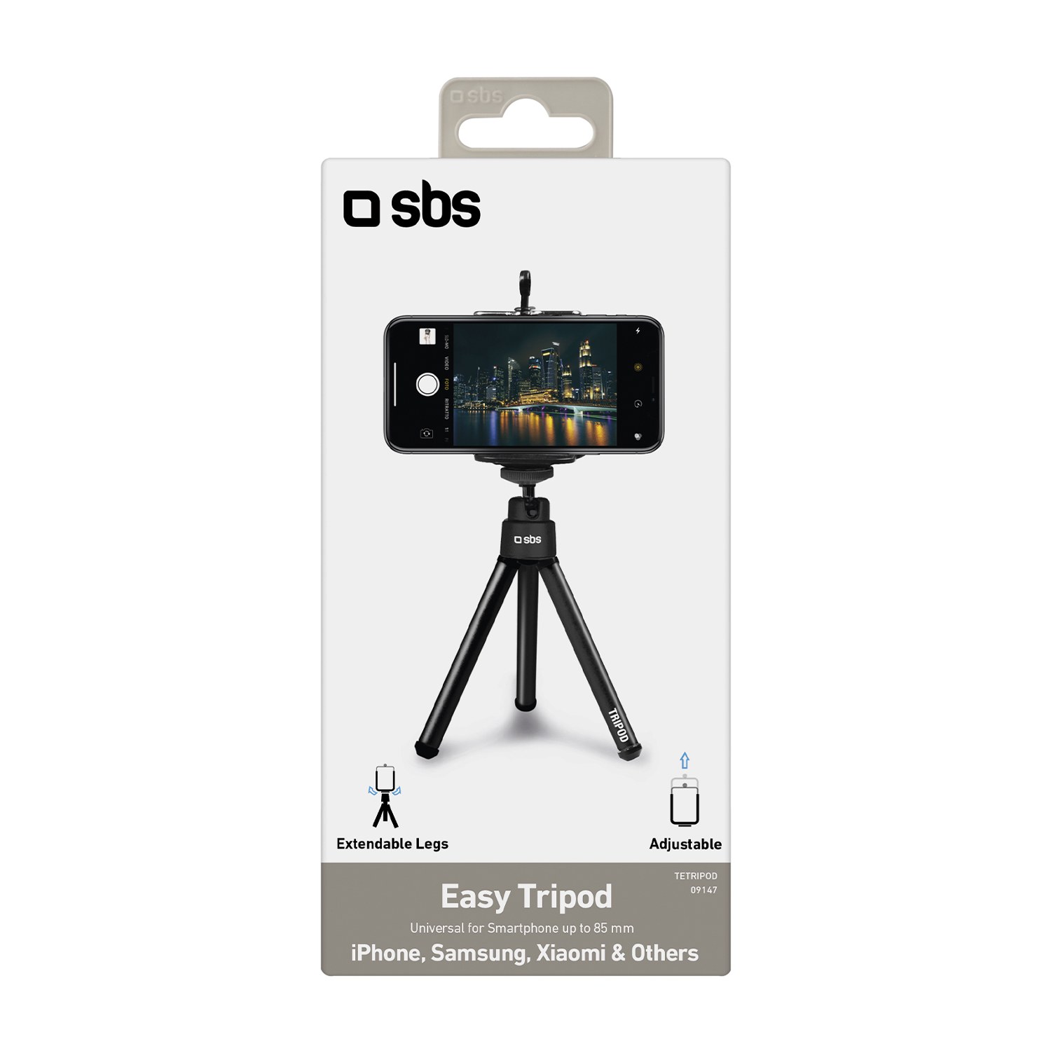 Embalaje de un trípode negro SBS Easy con un smartphone acoplado.