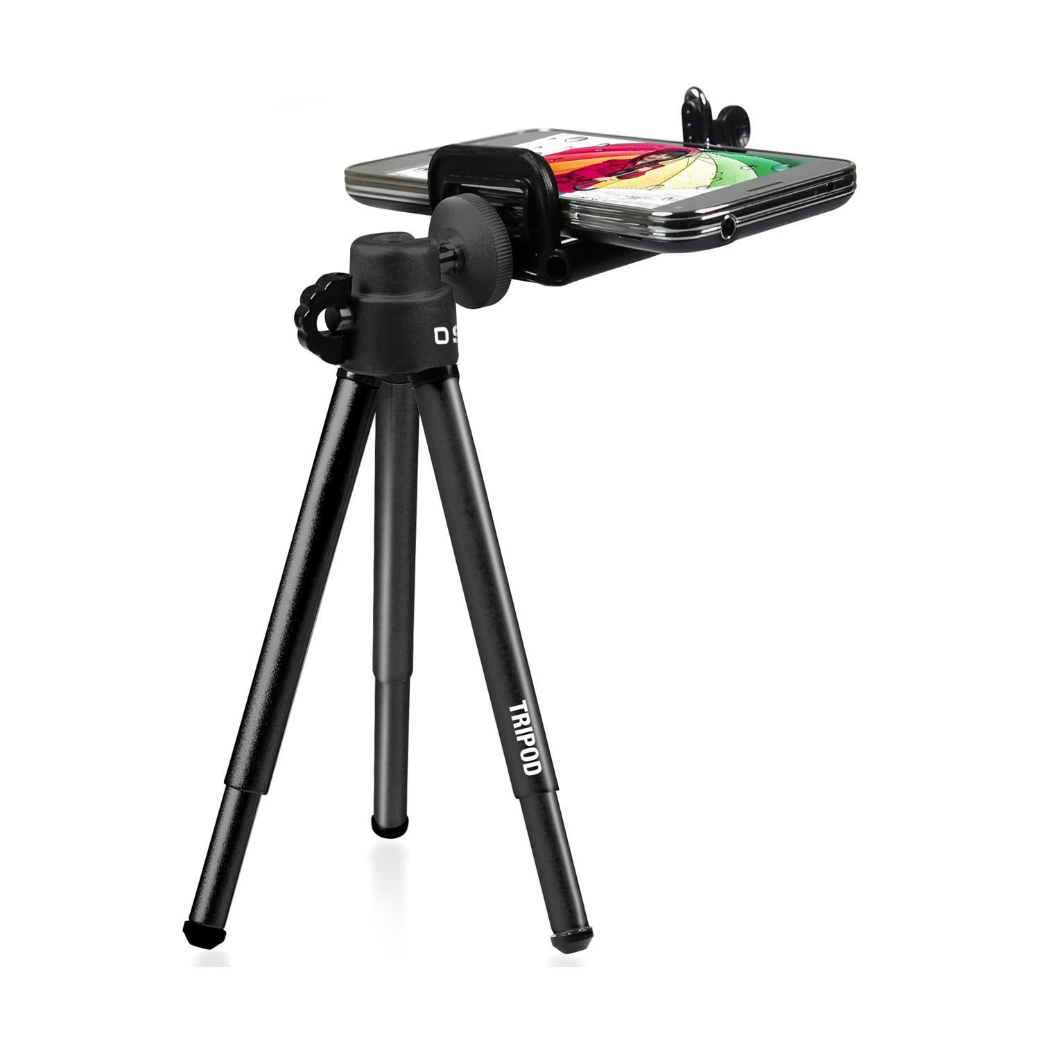 Un mini trípode negro sostiene un smartphone con pantalla colorida.