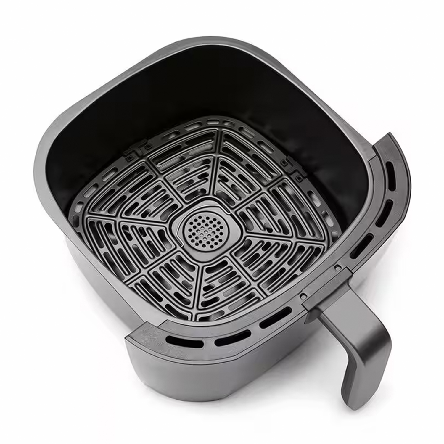 Pusty, szary kosz frytkownicy beztłuszczowej z uchwytem i otworami.