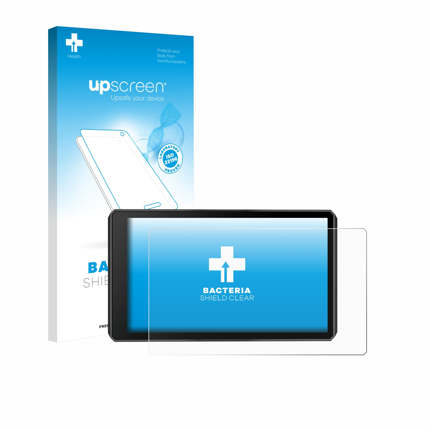 Upscreen Bacteria Shield Clear Verpackung und Displayschutzfolie für ein Tablet.