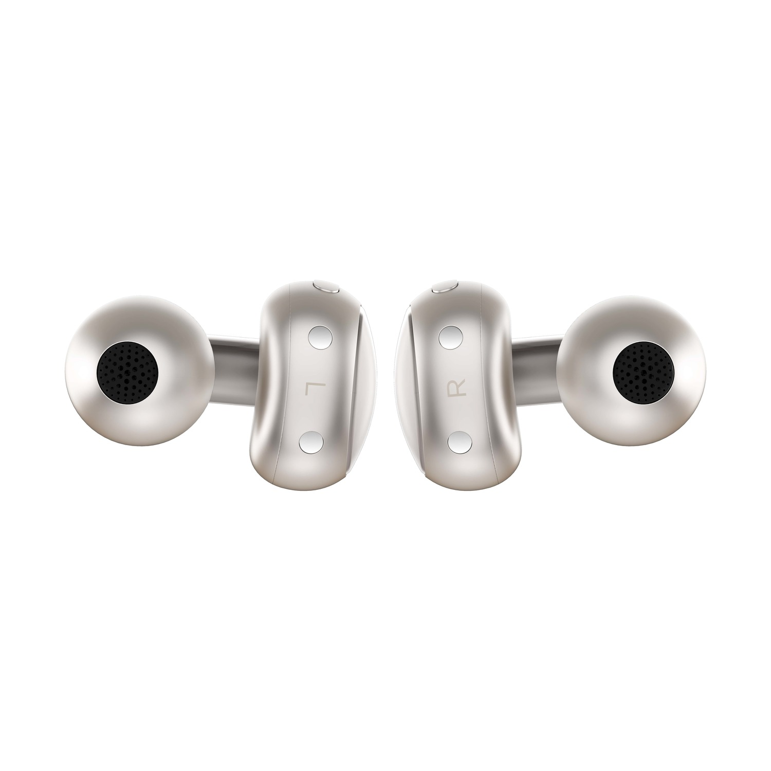 Dwa srebrne słuchawki z oznaczeniami L i R na białym tle.