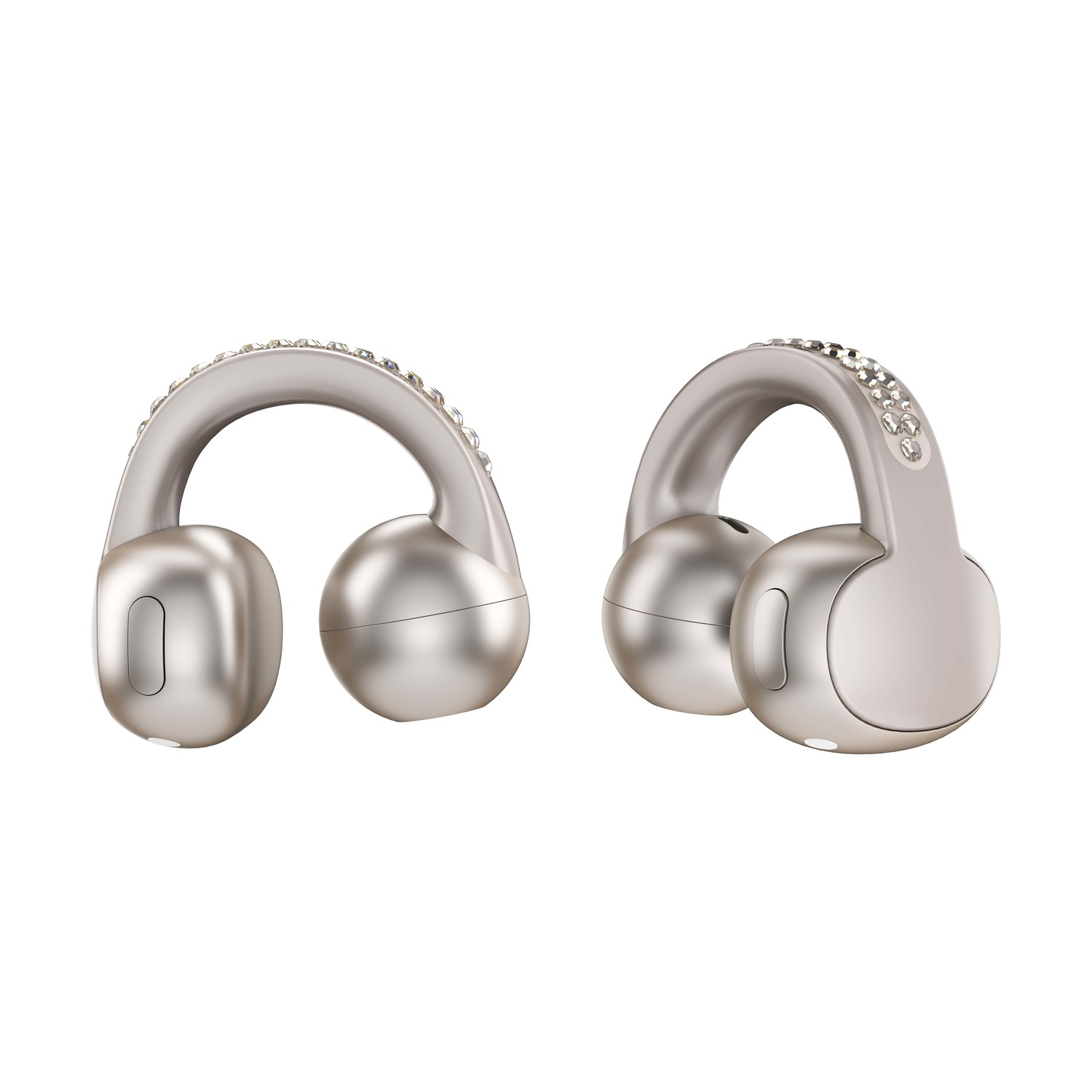 Dwa srebrne słuchawki z kryształkami, leżące obok siebie.