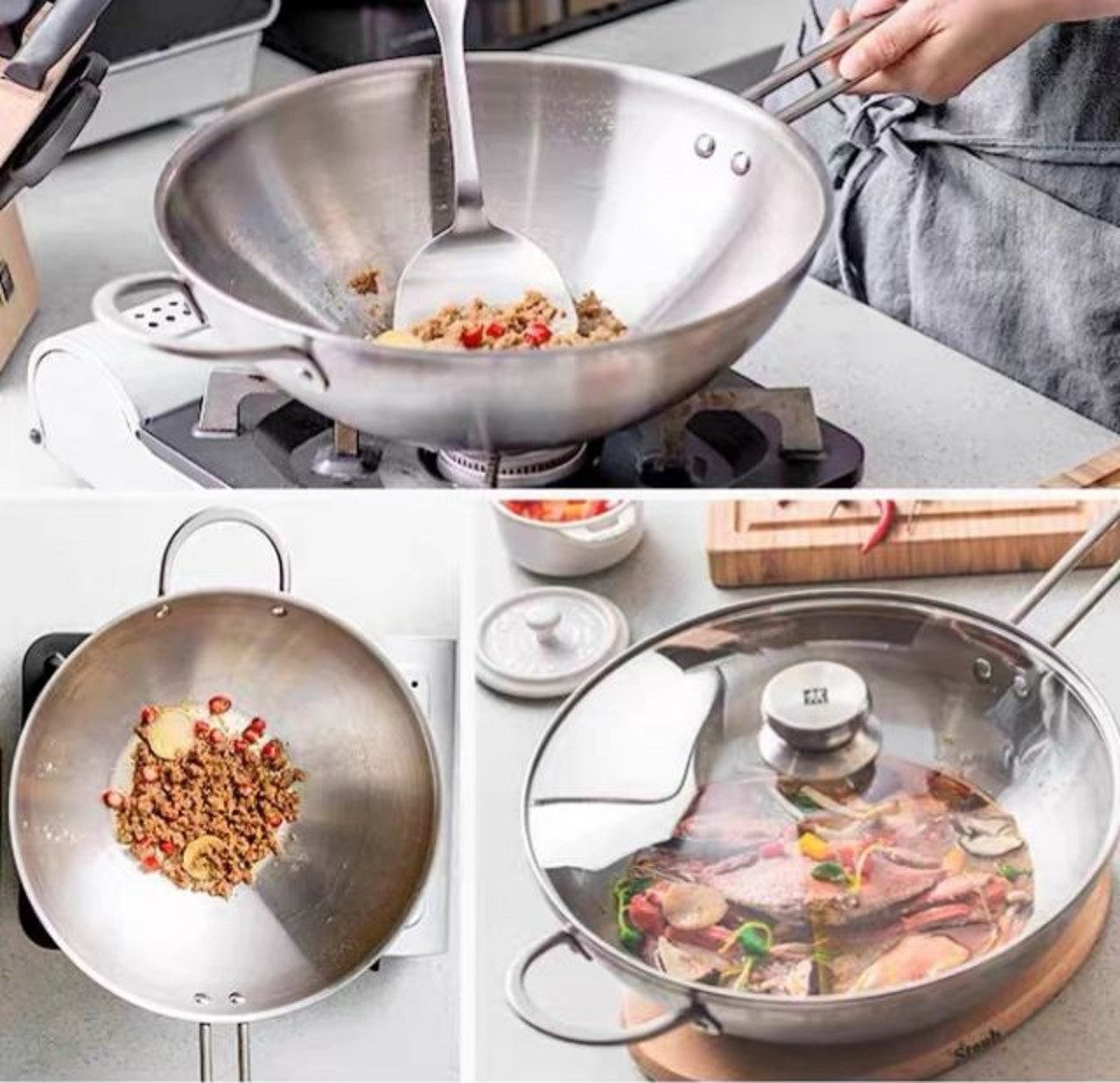 Wok mit Fleisch und Gemüse, wird auf einem Gasherd gekocht.
