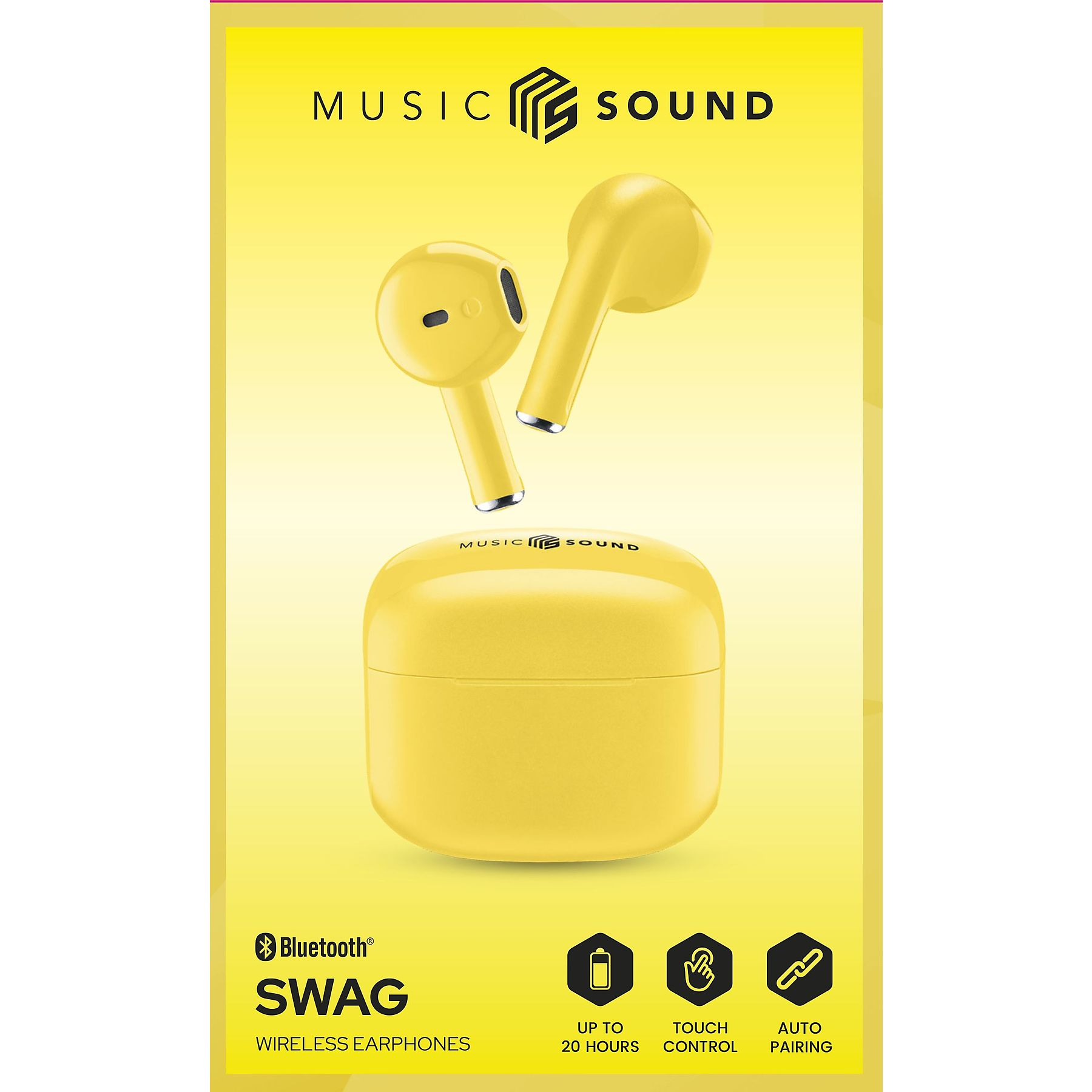 Auriculares inalámbricos amarillos con estuche de carga y logo "MUSIC SOUND".